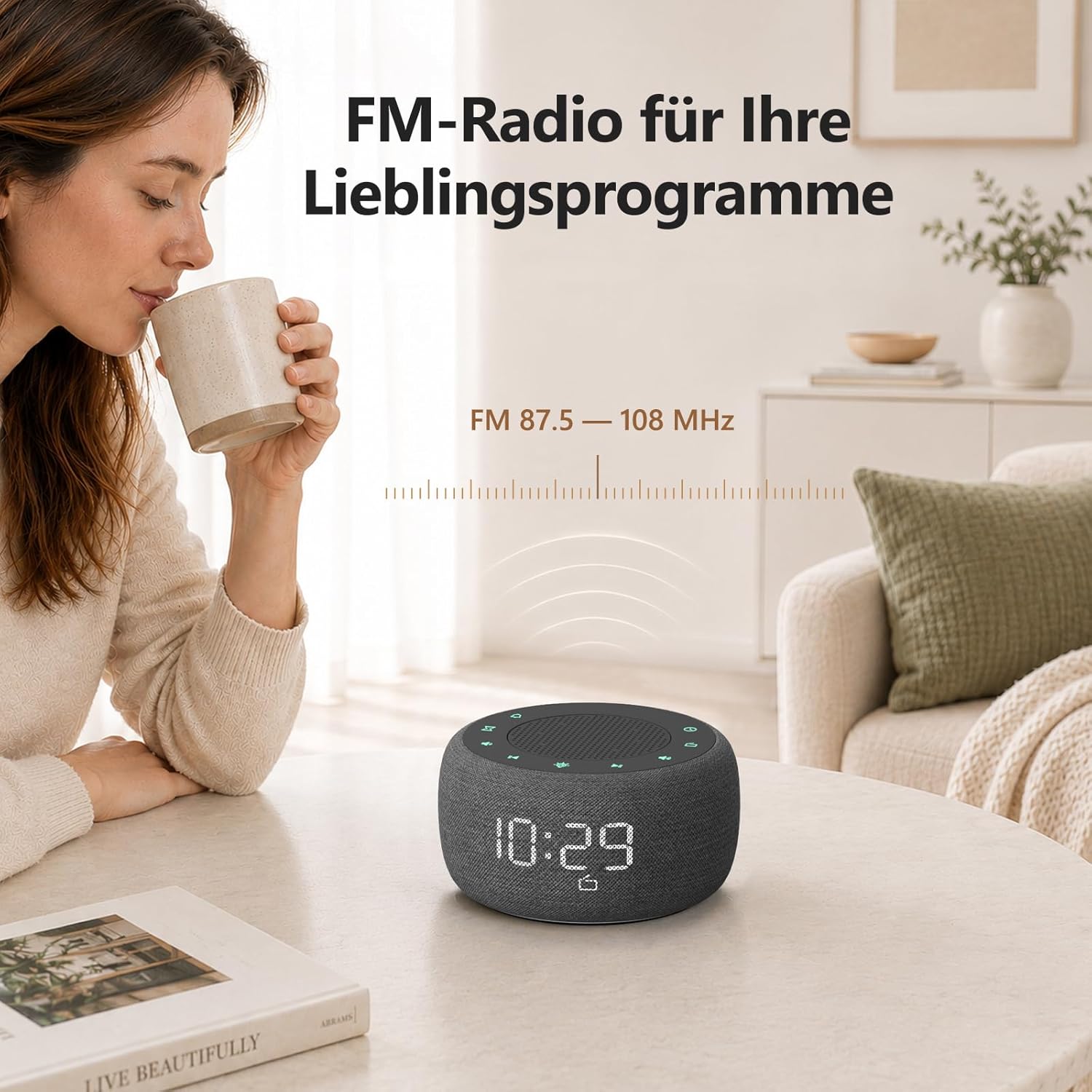 Buffbee Digitaler Radiowecker für Schlafzimmer – 7-Farben-Nachtlicht, High-Fidelity-Klangqualität mit nach oben gerichtetem Lautsprecher, 4 Alarmtöne, Vollbereichs-Display-Dimmer für den Nachttisch – Bild 3