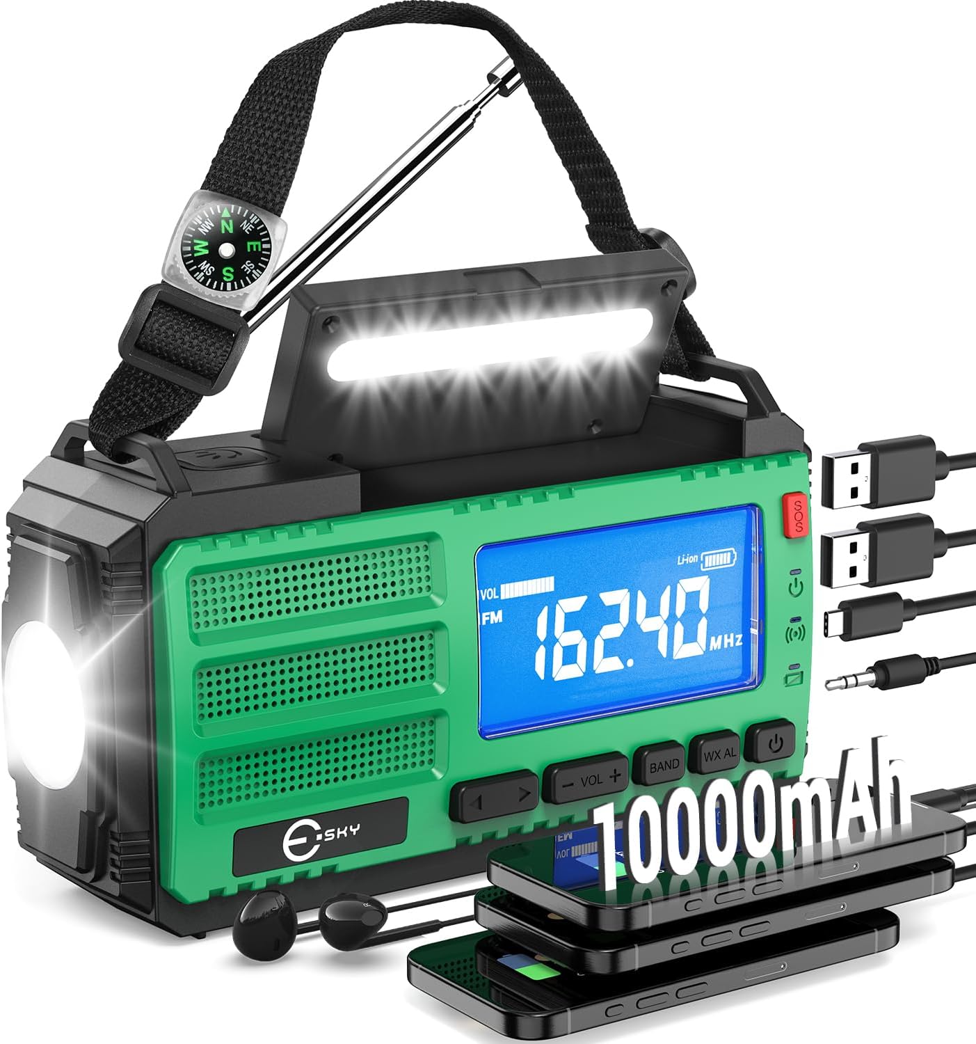 Esky Kurbelradio, 10000 mAh Solar-Notfallradio mit wiederaufladbarem AM/FM-Weltempfänger, USB-Ladegerät, LED-Taschenlampe und Leselicht, SOS-Alarm und Kompass, tragbar für Camping, Notfall, Verdunkelung, Geschenkidee