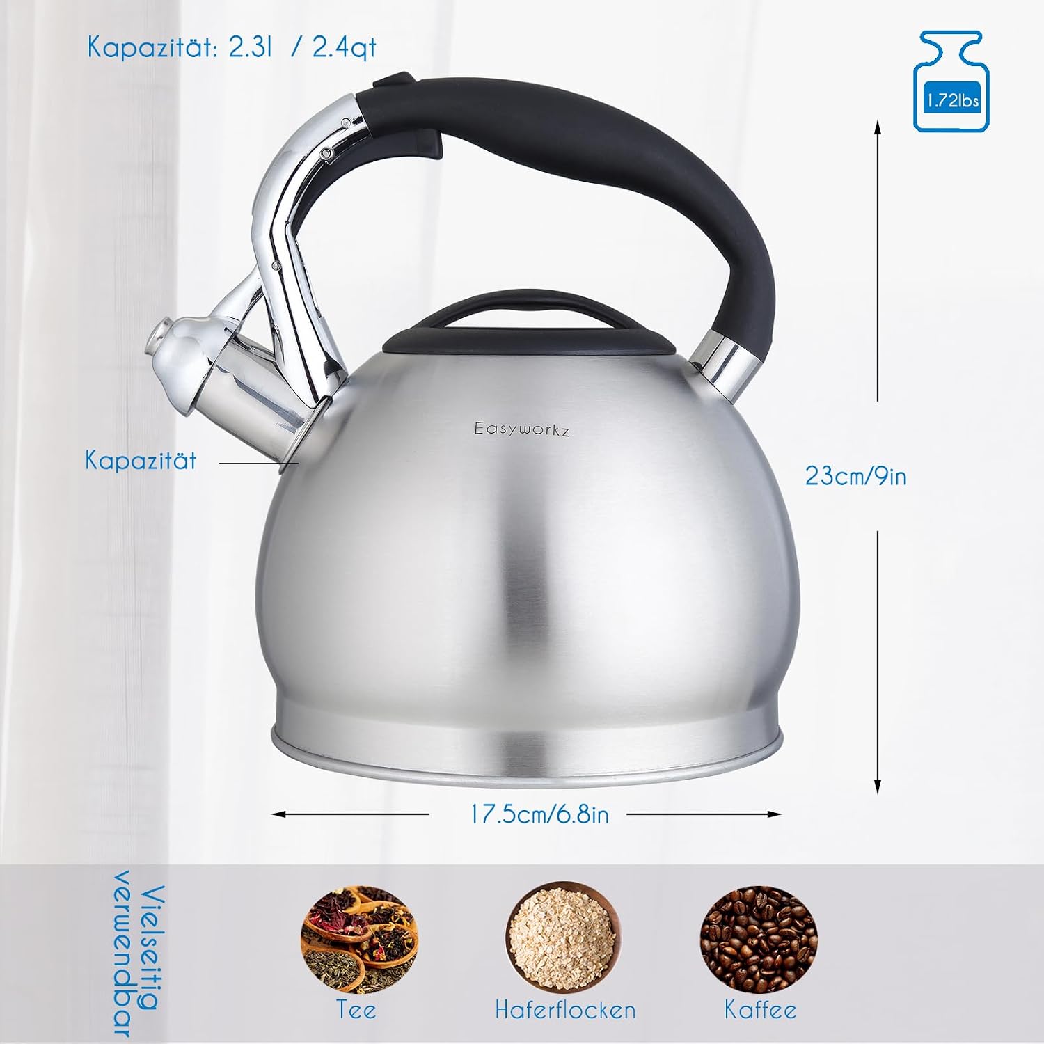 Easyworkz Wasserkocher Induktion Pfeifkessel aus Edelstahl, 2,3 Liter Teekessel für alle Herdarten, Pfeifkessel mit hitzebeständigem und rutschfestem Griff, Wasserkocher für Tee, Kaffee – Bild 2