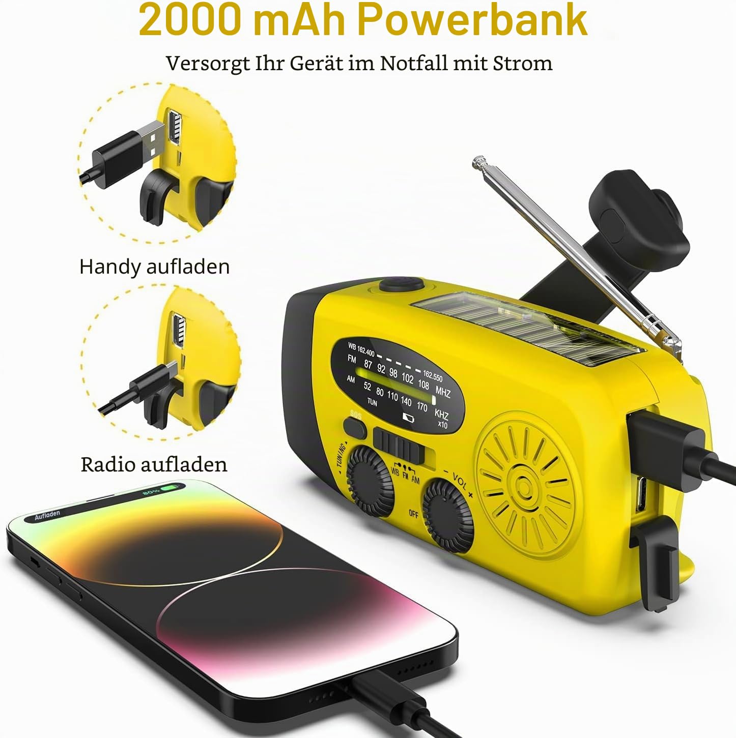 Solarradio, tragbares Kurbelradio, Dynamoradio mit AM/FM, Notfallradio mit Kurbel, 2000 mAh wiederaufladbare Powerbank, LED-Taschenlampe, USB-Handy-Ladegerät für Camping, Outdoor, Gelb – Bild 3
