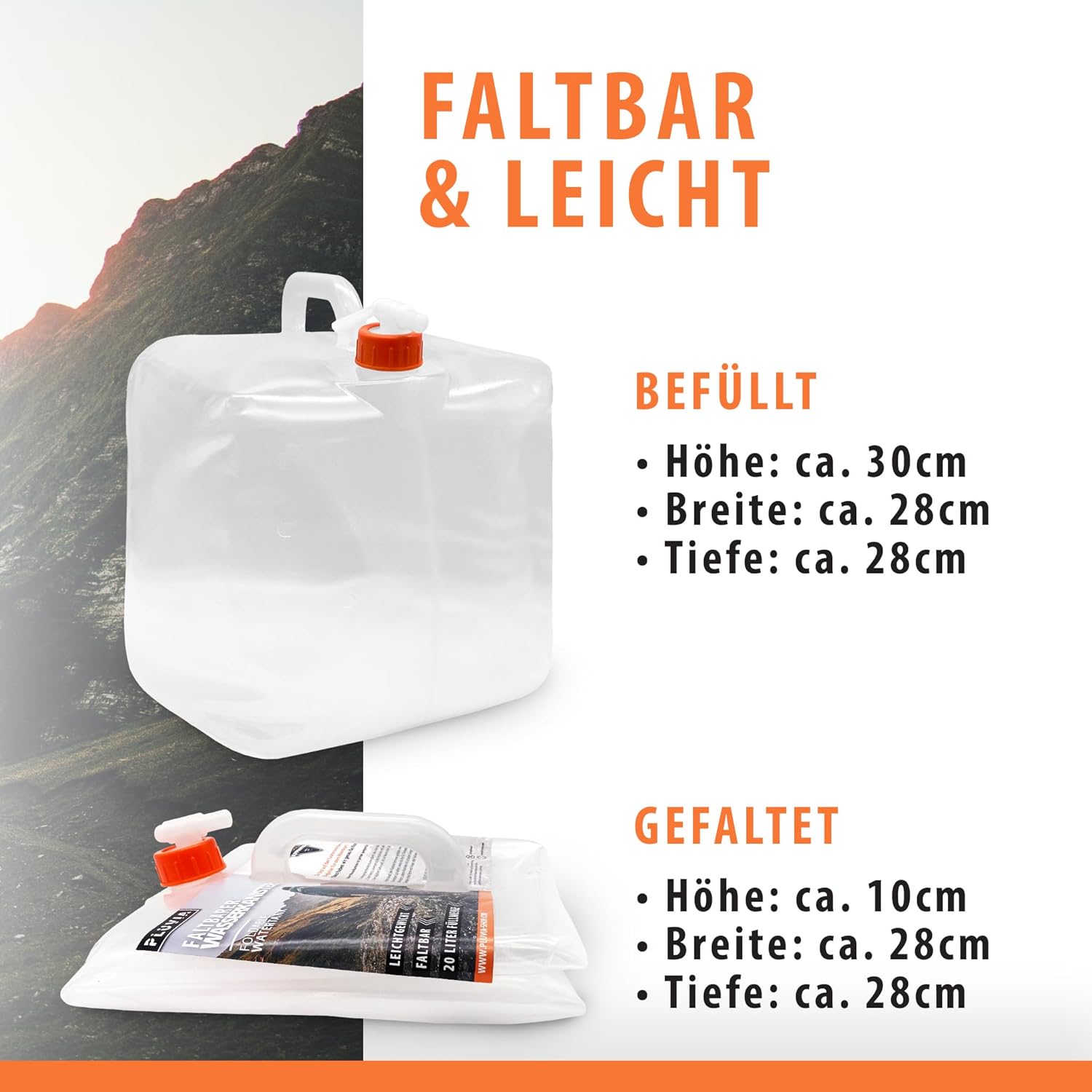 Pluvia Wasserkanister 20 L Trinkwasser-Set (2 x 20 L) faltbar – Verdunkelungs-Notfallausrüstung – Kanister mit Verschluss & Hahn, transparent – Bild 4