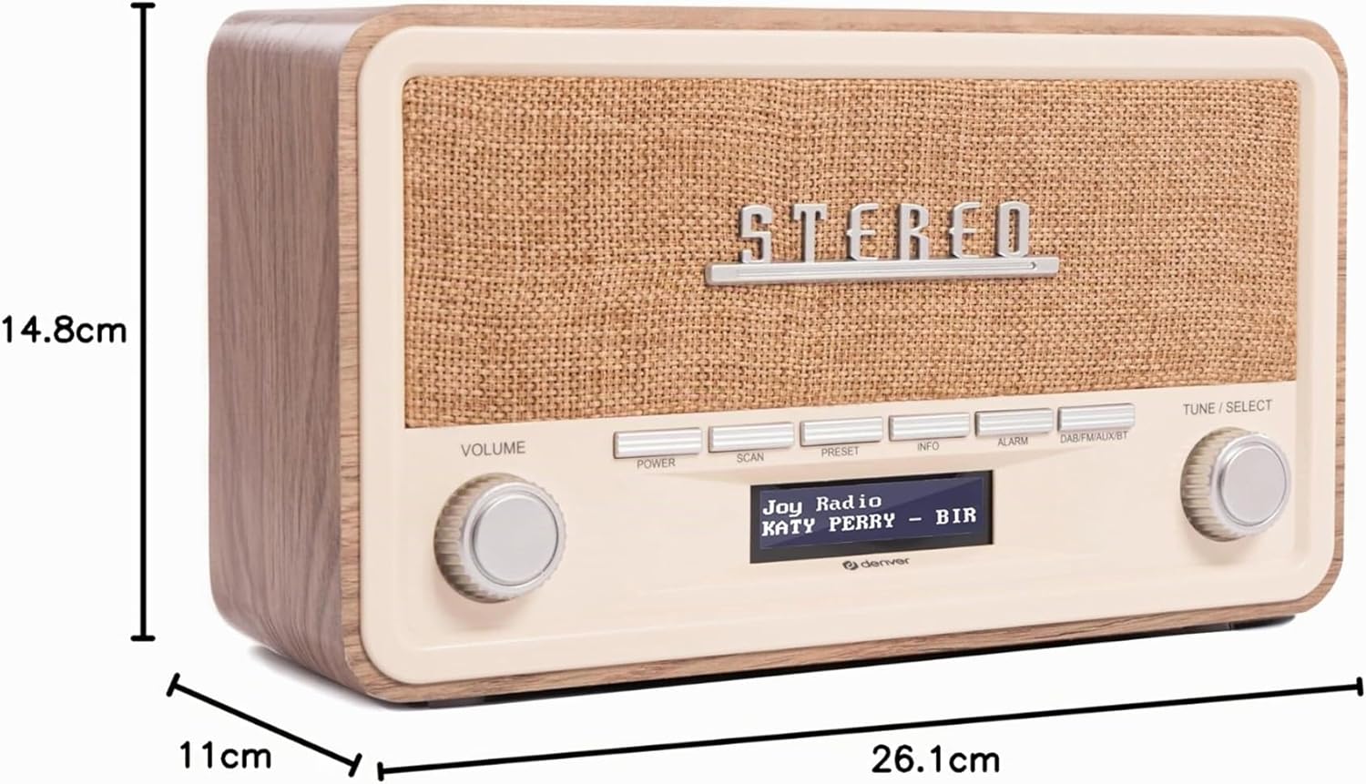 Denver Retro DAB-18 Digitalradio | DAB Plus-Radio mit Bluetooth und UKW | 2 x 20 W Stereolautsprecher | Kleines Radio mit Netzstecker | Küchenradio DAB mit gutem Klang | LCD-Anzeige und Alarmfunktion | DAB Plus & FM & Bluetooth, 2 x 20 W Stereolautsprecher, LCD-Display, Alarmfunktion, Netzstecker – Bild 7