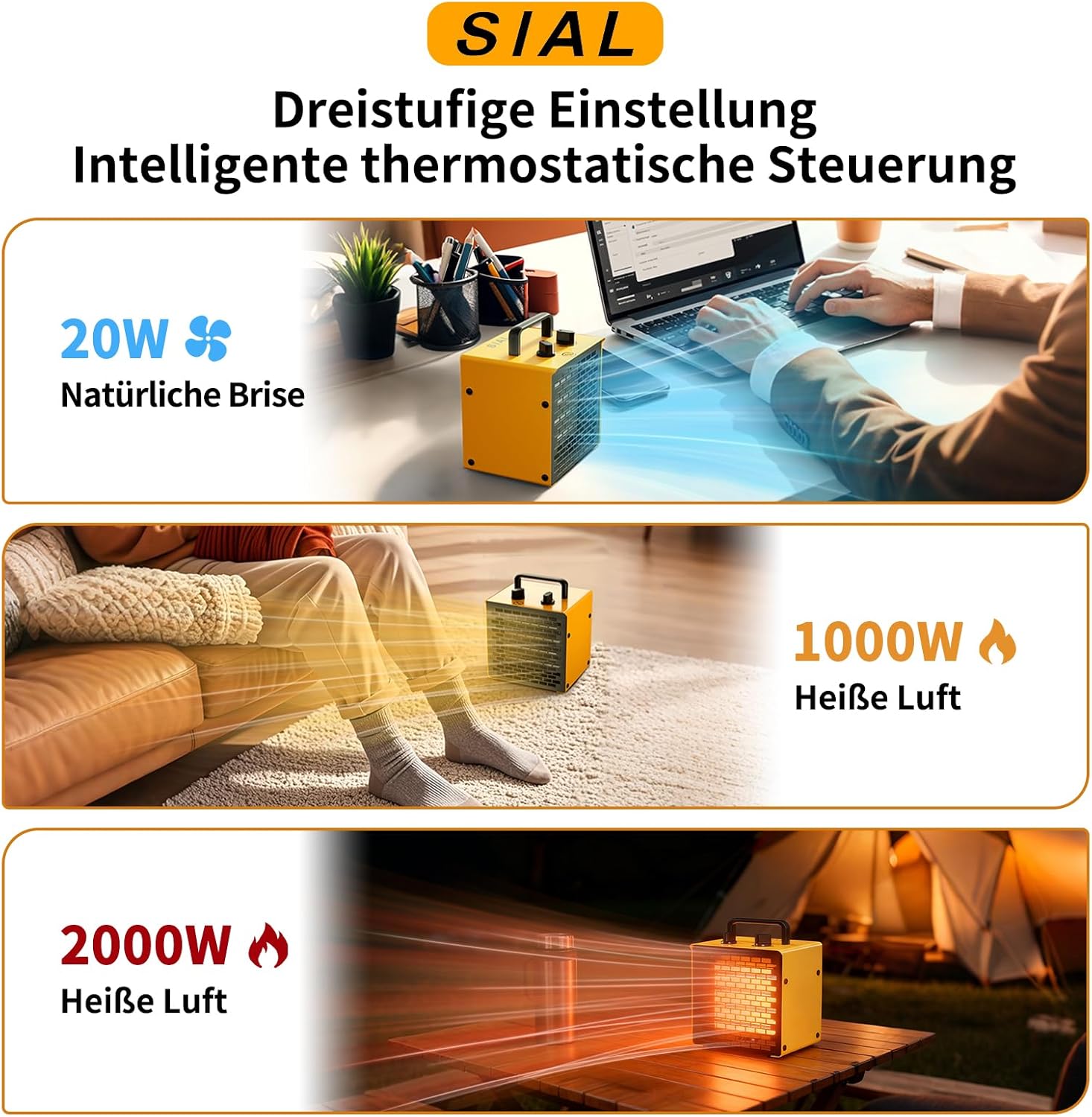 SIAL 2000W Industrielle tragbare Heizlüfter, Elektroheizung, Keramikheizung, Raumheizung, Bauheizung, PTC-Heizung mit Überhitzungsschutz, für Büros, Räume, Badezimmer, Garagen, PA2, Gelb – Bild 4