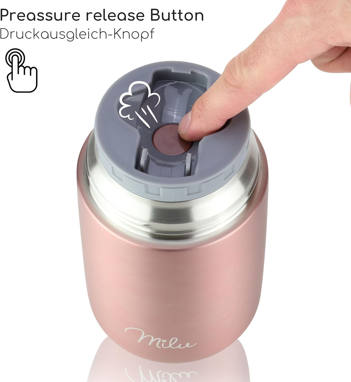 Milu Thermobehälter für Lebensmittel I 450 ml I Warmhaltebehälter aus Edelstahl mit Löffel, Thermobecher Essen, Thermo-Lunchbox für Kinder, Erwachsene, Thermobox Suppen, Babybrei, Essensbehälter Roségold, 450 ml – Bild 6