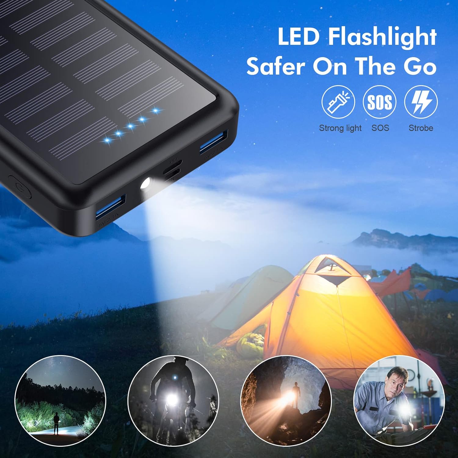 Power Bank USB C 26800 mAh, Solar Power Bank PD 3.0A Schnellladung Externer Akku Wasserdicht Solar Ladegeräte mit LED Taschenlampe Handy Akku Pack für Camping Outdoor Kompatibel mit iPhone/Samsung usw – Bild 5