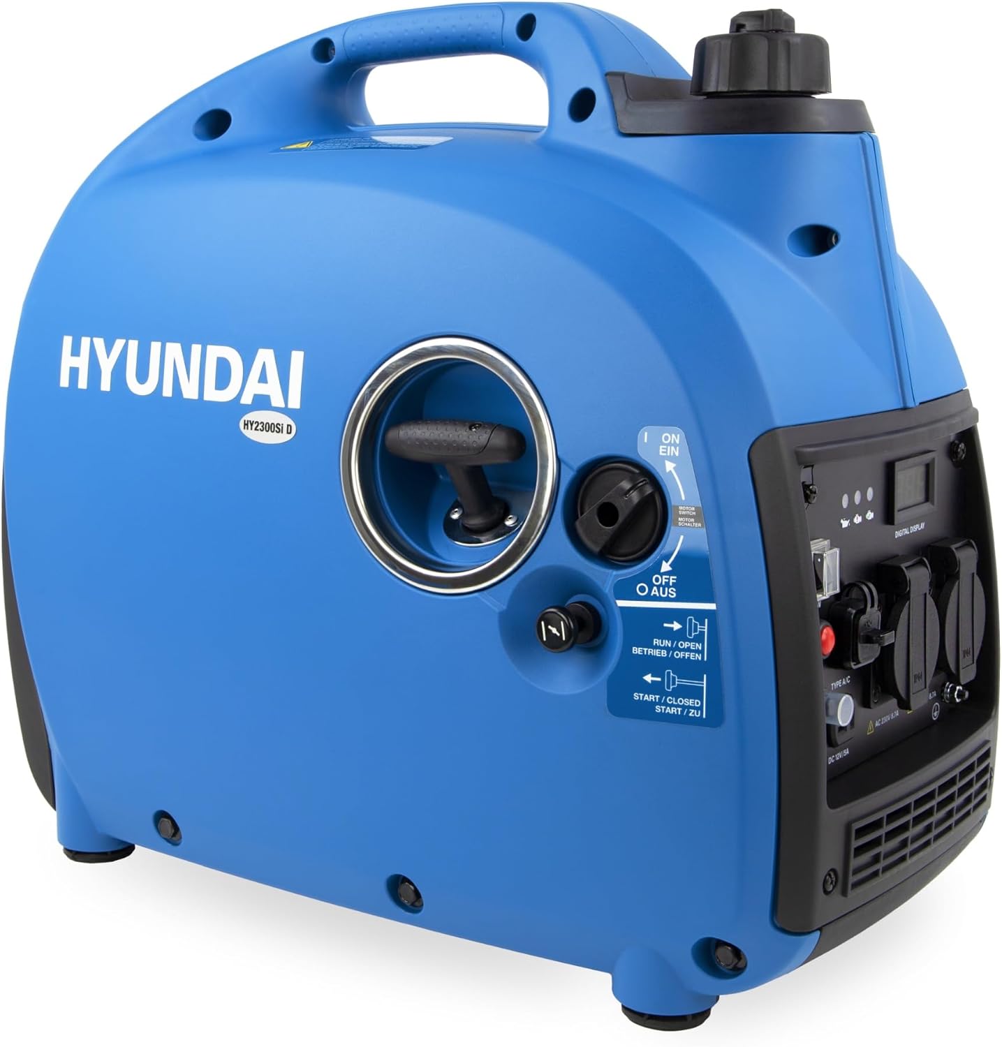 Hyundai Inverter-Generator HY2000Si D (tragbarer Benzingenerator, Inverter-Stromerzeuger mit 2 kW Maximalleistung, Notstromgenerator, Generator) | Stromgenerator mit 2,2 kW max. Power, Benzin-Notstromaggregat, leise, leicht und sparsam