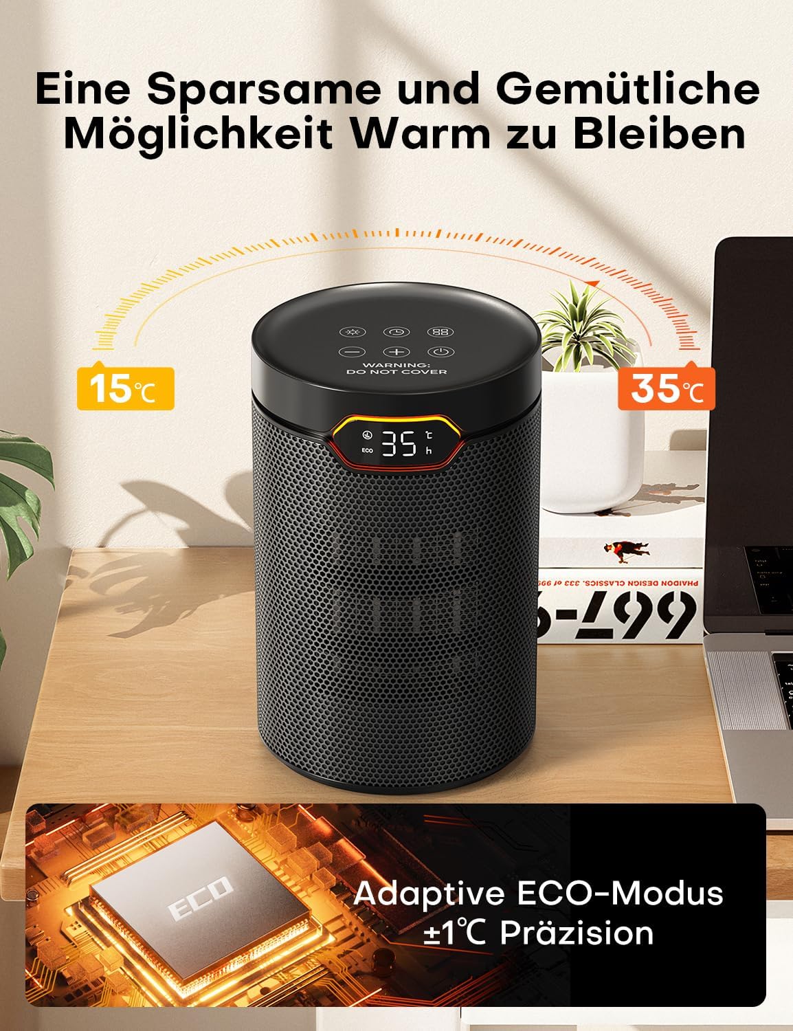 QEXREED Heizlüfter, 1500 W, PTC-Heizlüfter Energiesparend mit Eco-Modus, 4 Heizmodi, Breeze-Modus, Thermostat, 24-Stunden-Timer, Fernbedienung, Überhitzung & Kippschutz, tragbar & leise, für Zuhause, Büro – Bild 5