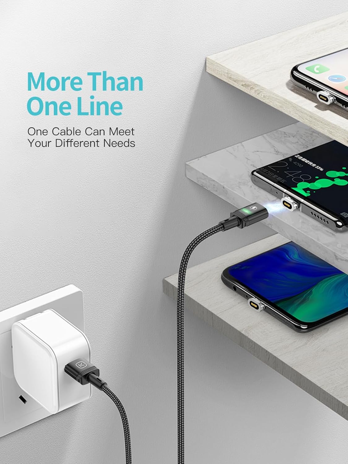 Kuulaa Magnetisches USB-C-Ladekabel, 2 Stück, 3 A, magnetisches USB-Kabel mit Typ-C-Adapter, unterstützt QC 3.0-Schnelllade-Datenübertragung, Nylon-geflochtenes magnetisches Ladekabel (schwarz, 1 m x 2) – Bild 6