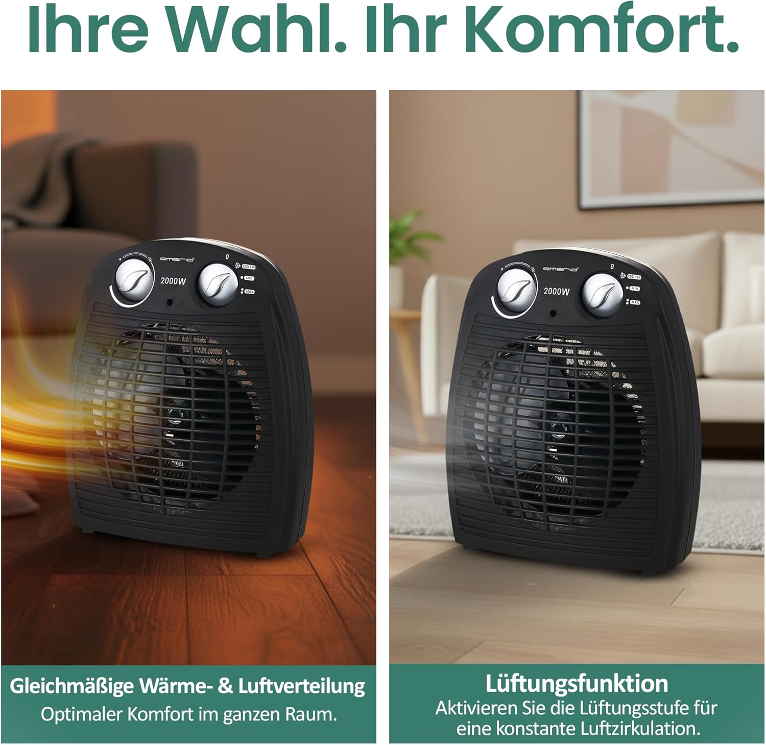 Emerio FH-106737.2, Note 1.5, kleiner kompakter tragbarer Heizlüfter für 25 m², 2 Heizleistungen + Lüfterfunktion, einstellbarer Thermostat, Sicherheitsschalter, Griff, 2000 Watt, Anthrazit – Bild 7