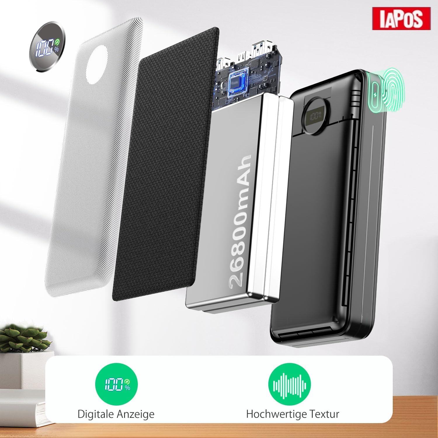 Powerbank, 26800-mAh-Powerbank, externe Handy-Akkus mit 22,5-W-Schnellladung, USB-C-Eingang und -Ausgang, PD 3.0 und QC 4.0. Kompatibel mit iPhone 17, 16, 15, 14, für Samsung Galaxy S25, Asphalt – Bild 5
