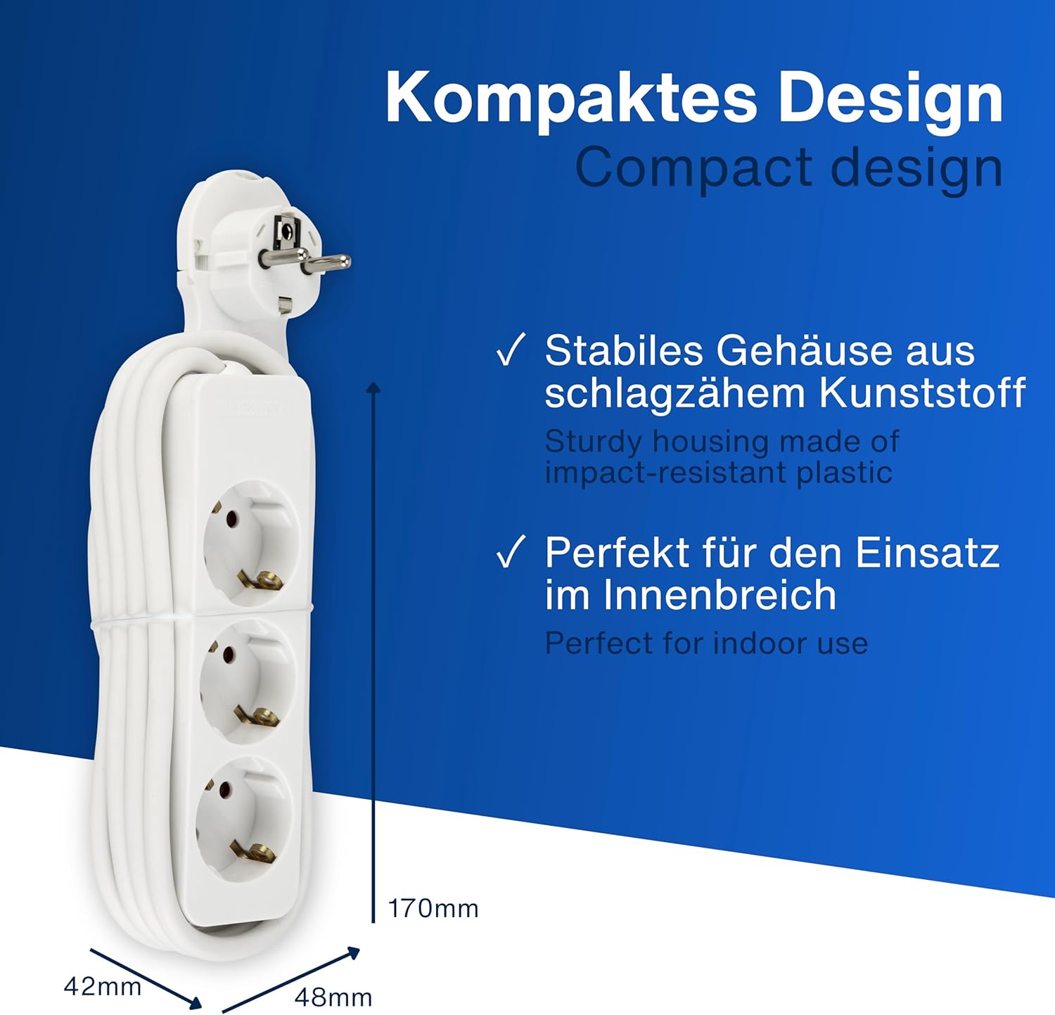 REV Steckdosenleiste – Mehrfachsteckdose 3-fach mit Flachstecker – ideal für den Einsatz hinter Möbeln, Kabel 2 m, max. 3680 W, Weiß – Bild 3