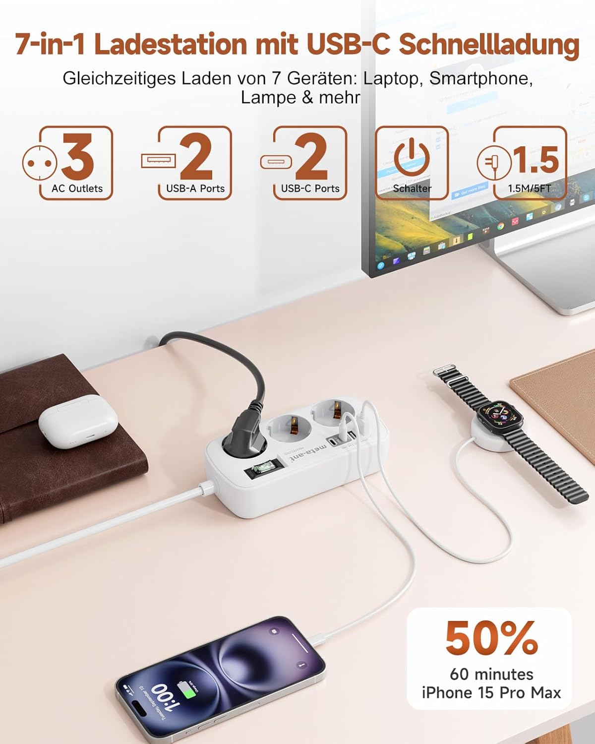 Steckdosenleiste mit USB, 3-fach Steckdosenleiste mit Überspannungsschutz, 4000 W, Steckdose mit 4 USB (2 USB-C), 1,5 m, Wandsteckdosenleiste für Zuhause, Büro, Weiß – Bild 3