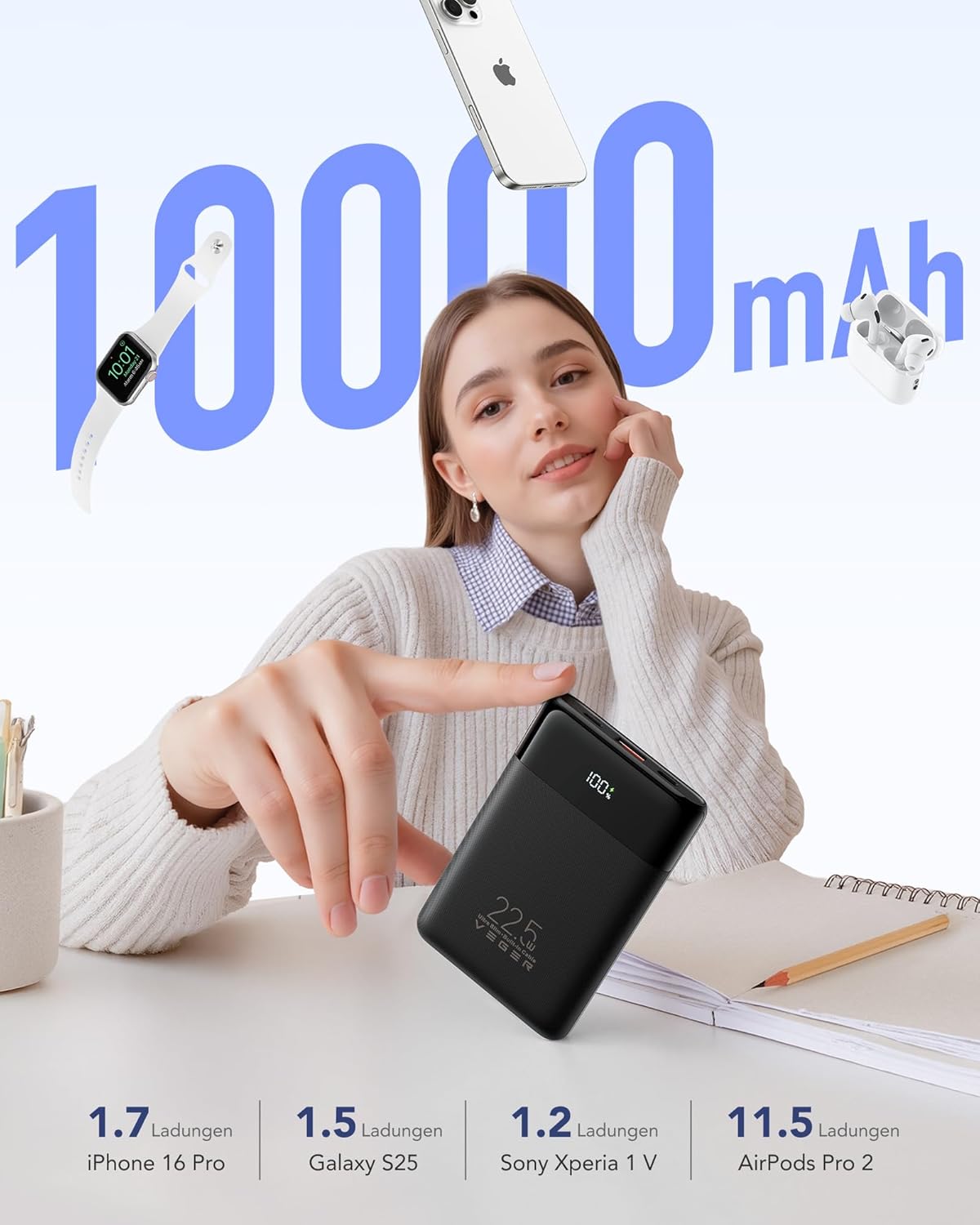 VEGER Powerbank 10000 mAh klein, 22,5 W Schnelllade-Powerbank mit integriertem USB-C-Kabel, externe Handy-Akkus, 4 Ausgänge, 3 Eingänge, kompatibel mit iPhone 17 16 13 Samsung, Travel Essential, Schwarz – Bild 7