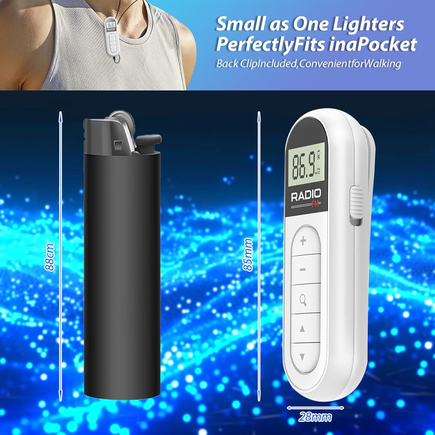 Mini-Radio, kleines FM/FM-Transistorradio, tragbarer FM-Radioempfänger/mit DSP, LCD-Display und Kopfhörer, 300 mAh wiederaufladbar, tragbar, Taschenradio für Spaziergänge und Reisen (weiß) – Bild 2