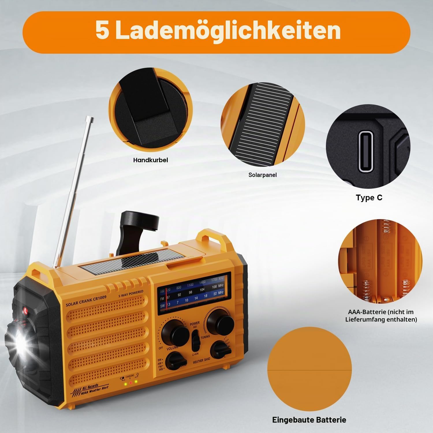 Tragbares Solarradio, Notfallradio mit Kurbel, Dynamo-Wetter-AM/FM/SW-Radio, wiederaufladbare 5000-mAh-Powerbank, USB-Telefonladegerät, LED-Taschenlampe und Leselampe, SOS-Alarm, Kompass für Camping im Freien – Bild 2