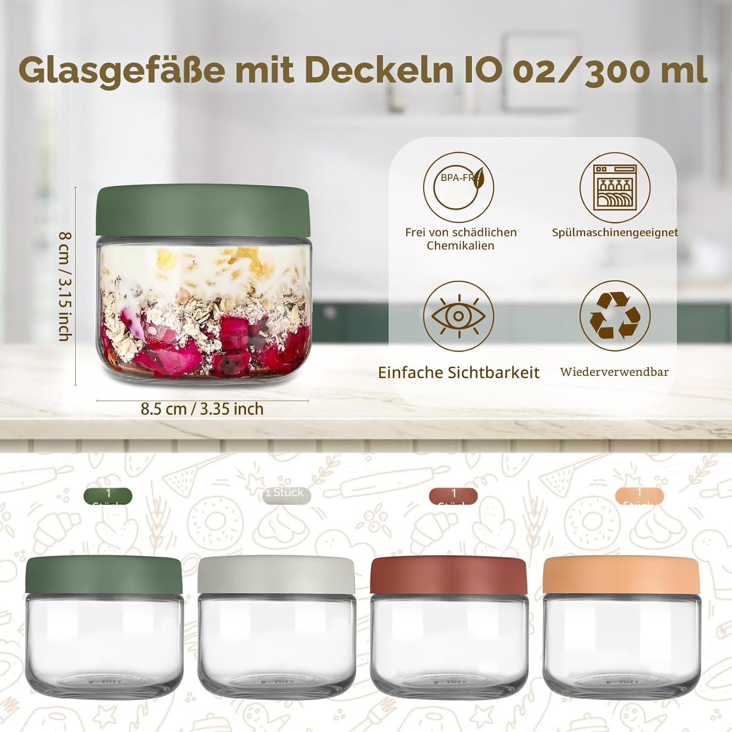 4er-Pack 10-Unzen-Overnight-Oats-Gläser, Einmachgläser mit Schraubdeckel für Overnight-Oats, Salat, Joghurt, Pudding, Chutney, Dessertgläser, wiederverwendbare Glasbehälter mit Deckel als Einmachglas – Bild 2
