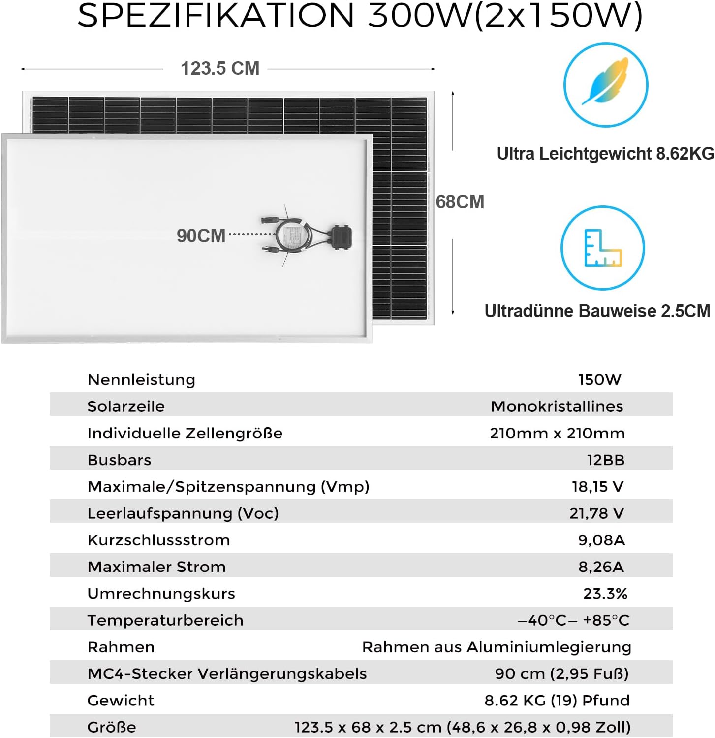 300W Solarpanel Bausatz Set 12V Monokristallin 2 x 150 Watt Solarmodul + 30A 12V/24V Solarladeregler + Solarkabel Solaranlage Wohnmobil Komplettset 12V für Batterien Häuser Balkon Wohnwagen Dach – Bild 6