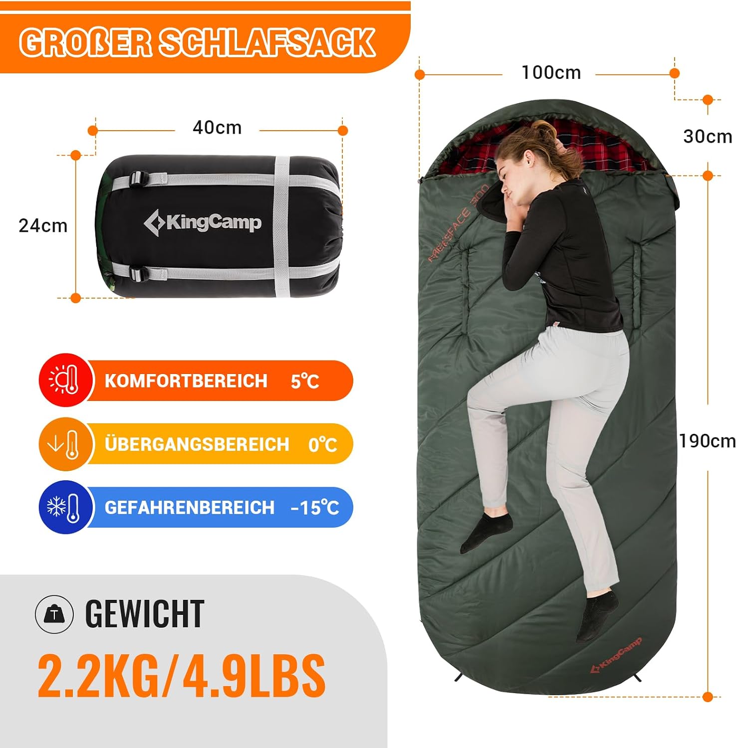 KingCamp Schlafsack XXL Baumwolle Flanell für Erwachsene, Übergröße Warmer Deckenschlafsack Winter für Camping Reisen und Aktivitäten Outdoor im 4-Jahreszeiten, 220x100cm – Bild 2