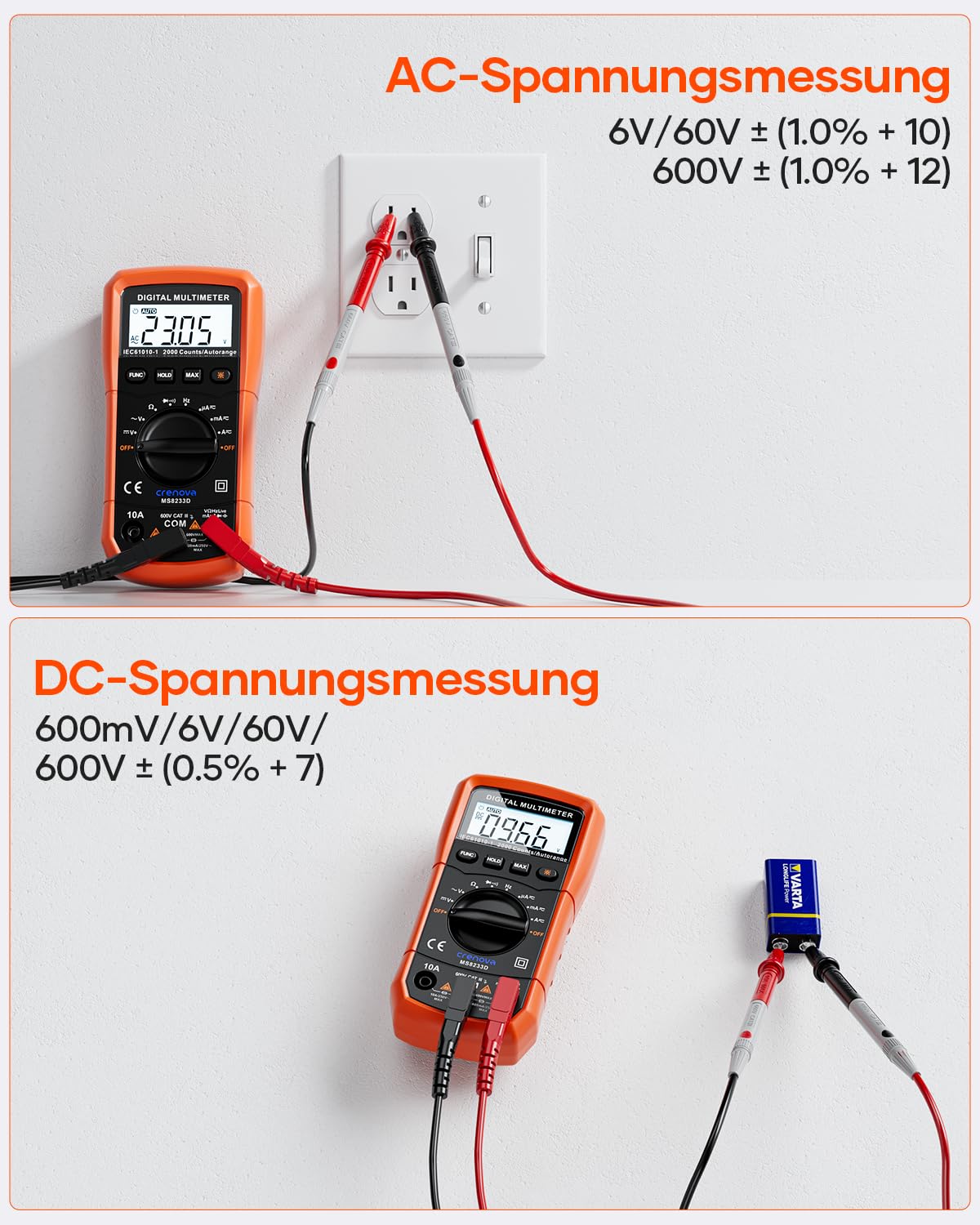Crenova MS8233D Digital-Multimeter, Spannungsprüfer, Strommessgerät, Voltmeter, Messgerätetester, NCV mit 6000 Count LCD-Display, Hintergrundbeleuchtung – Bild 5
