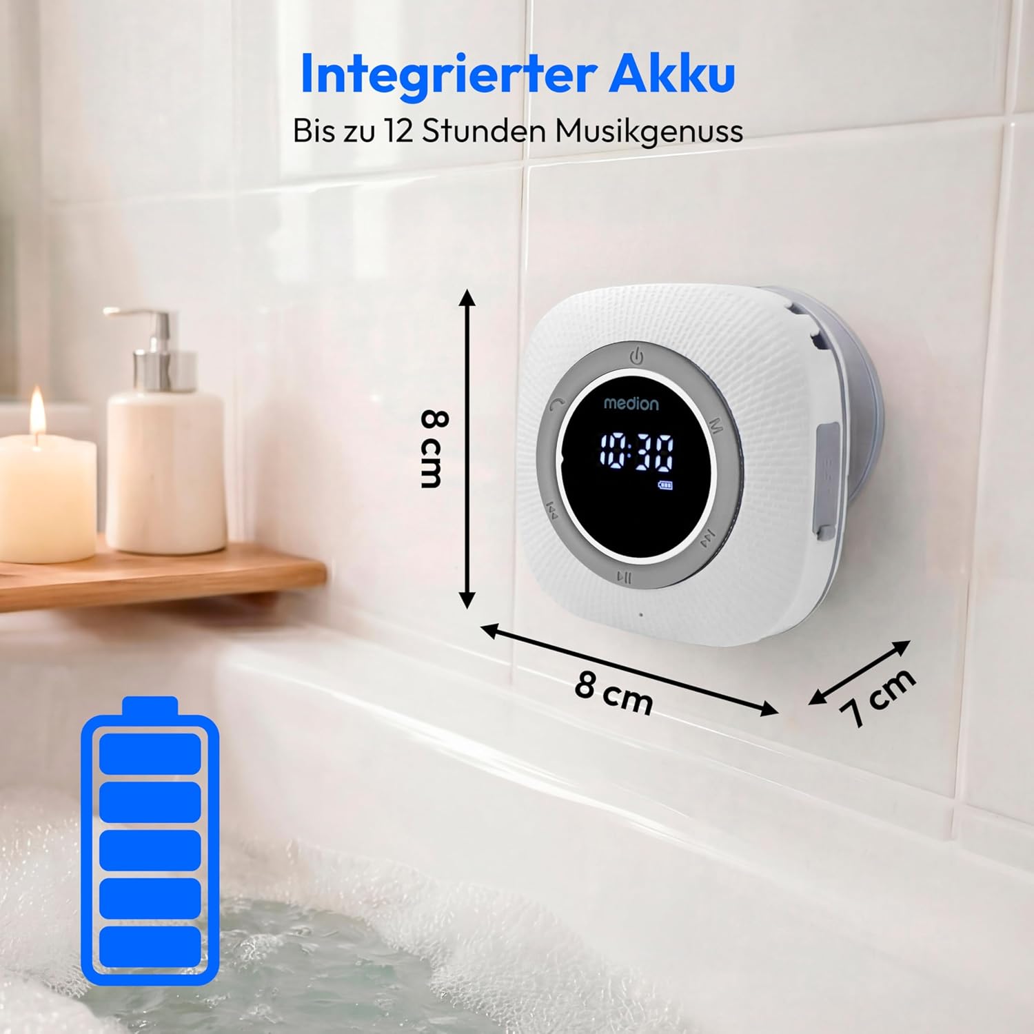 MEDION S66884 Duschradio mit Bluetooth (Badezimmerradio, UKW-Radio, Saugnapf, LED-Display, IPX6 wasserdicht, integrierter Akku, MD43884) weiß – Bild 7
