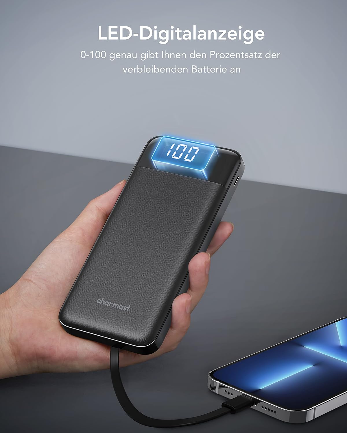 Charmast Powerbank 10000 mAh, externer Akku, USB-C-Powerbank mit 4 integrierten Ladekabeln, tragbares Ladegerät, LED-Display, kompakt, schlank, 6 Ausgänge, kompatibel mit iPhone, Huawei, Samsung Tablet – Bild 9