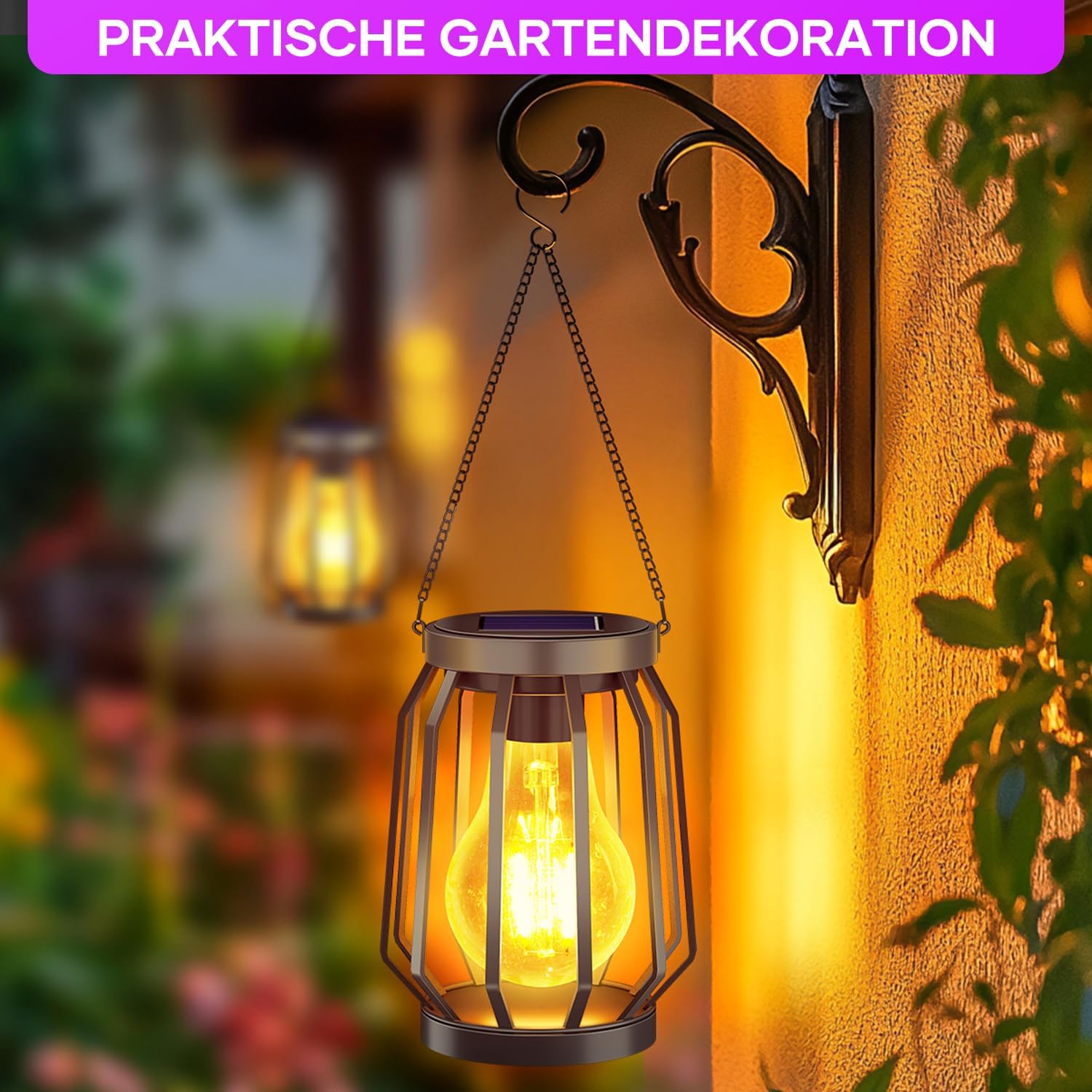 Solarleuchten zum Aufhängen im Freien, 2 Stück, Garten-Deko-Solarlaterne mit großer LED-Glühbirne, IP65 wasserdichte Solarleuchten, warmweiße Beleuchtung für draußen, Hof, Balkon, Terrasse, schwarzes Metall – Bild 5