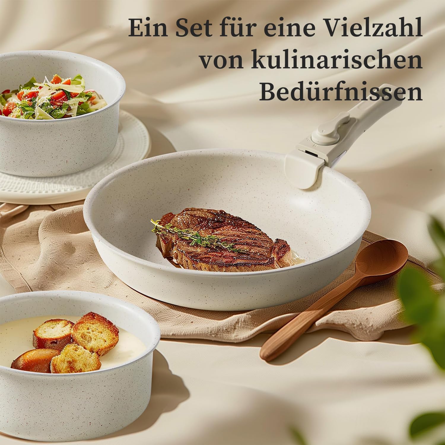 12-teiliges Topf- und Pfannenset, Antihaft-Kochgeschirr-Sets mit abnehmbarem Griff, Küchenutensilien für Ihre Heimbedürfnisse, Beige – Bild 5
