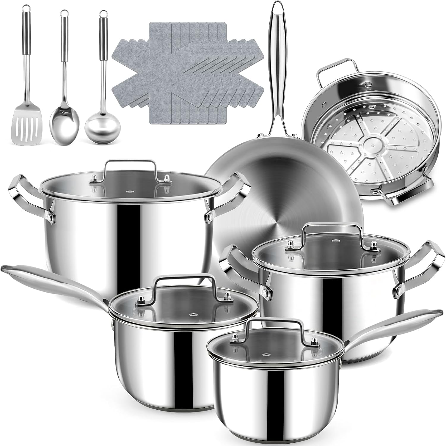 Kochtopf-Set aus Edelstahl – 3-lagige 30 cm Bratpfannen & 22/26 cm Deckeltöpfe mit Dampfgarer, Kochtöpfe (18/20 cm) – 20-teilige Töpfe und Pfannen mit Deckel – für alle Herdarten verwendbar