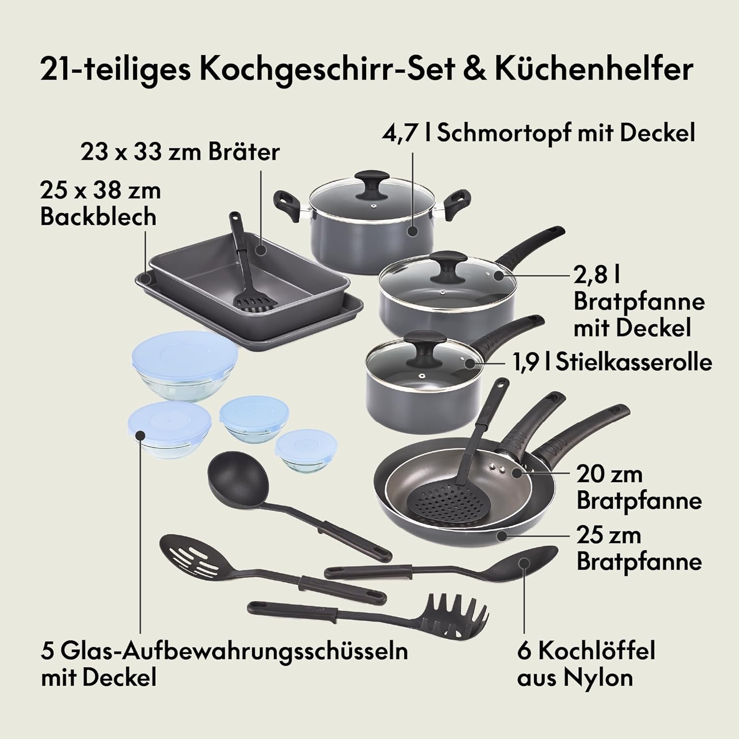 bella Antihaft-Kochgeschirr-Set mit Glasdeckel – Backzubehör, Töpfe und Pfannen, Aufbewahrungsschüsseln und Utensilien aus Aluminium, für alle Herdarten geeignet, 21-teilig, Schwarz – Bild 3
