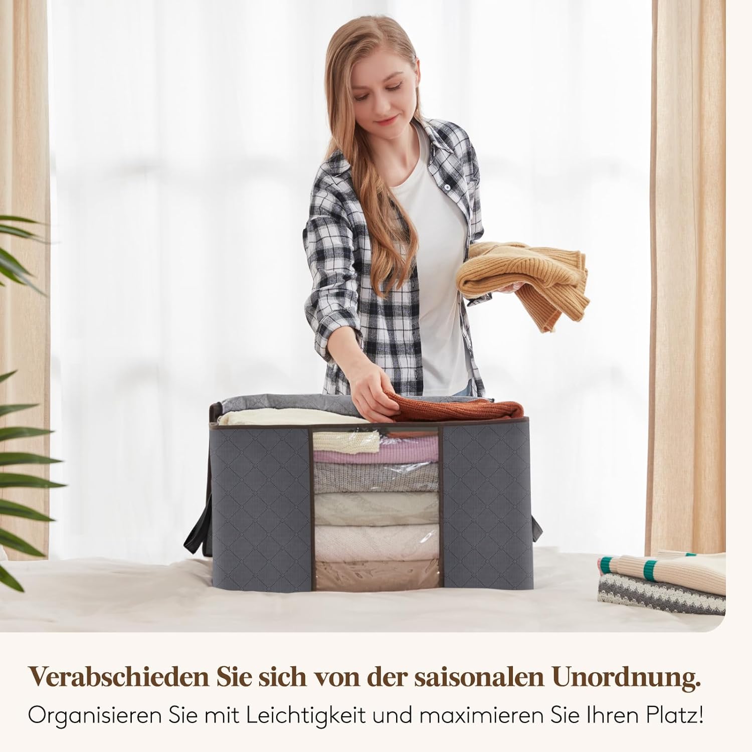 Lifewit 4 Stück Aufbewahrungstaschen, Aufbewahrungsboxen mit Deckel, Kleiderschrank-Organizer, faltbare Kleideraufbewahrung, Umzugskartons mit verstärktem Griff für Bettdecken, Kleidung, Decken, Grau, 60 l – Bild 9
