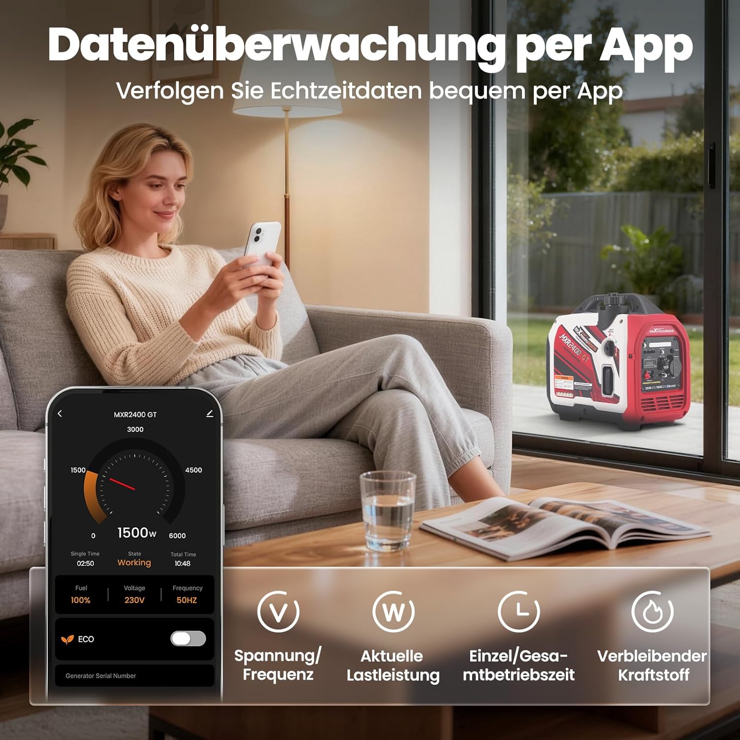maXpeedingrods 2000W Inverter Stromerzeuger Benzin Notstromgenerator mit Bluetooth App Datumsüberwachung, 15kg, mit USB und 230V Steckdosen für Camping, Festivals und Heimgebrauch – Bild 3