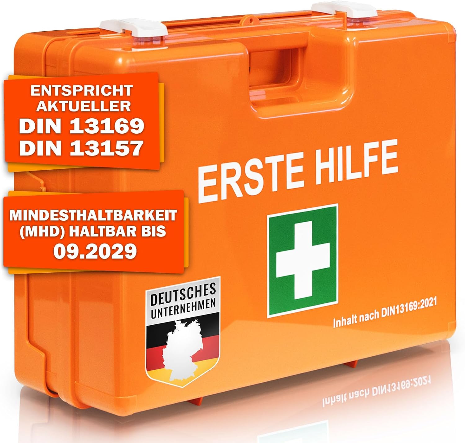 KARAT Kleiner Erste-Hilfe-Kasten für Unternehmen DIN 13157:2021 gefüllt mit Wandhalterung | 1 Erste-Hilfe-Set für Werkstatt, Büro & Gastro, Notfallbox für bis zu 50 Mitarbeiter (28 x 20 x 11,5 cm)