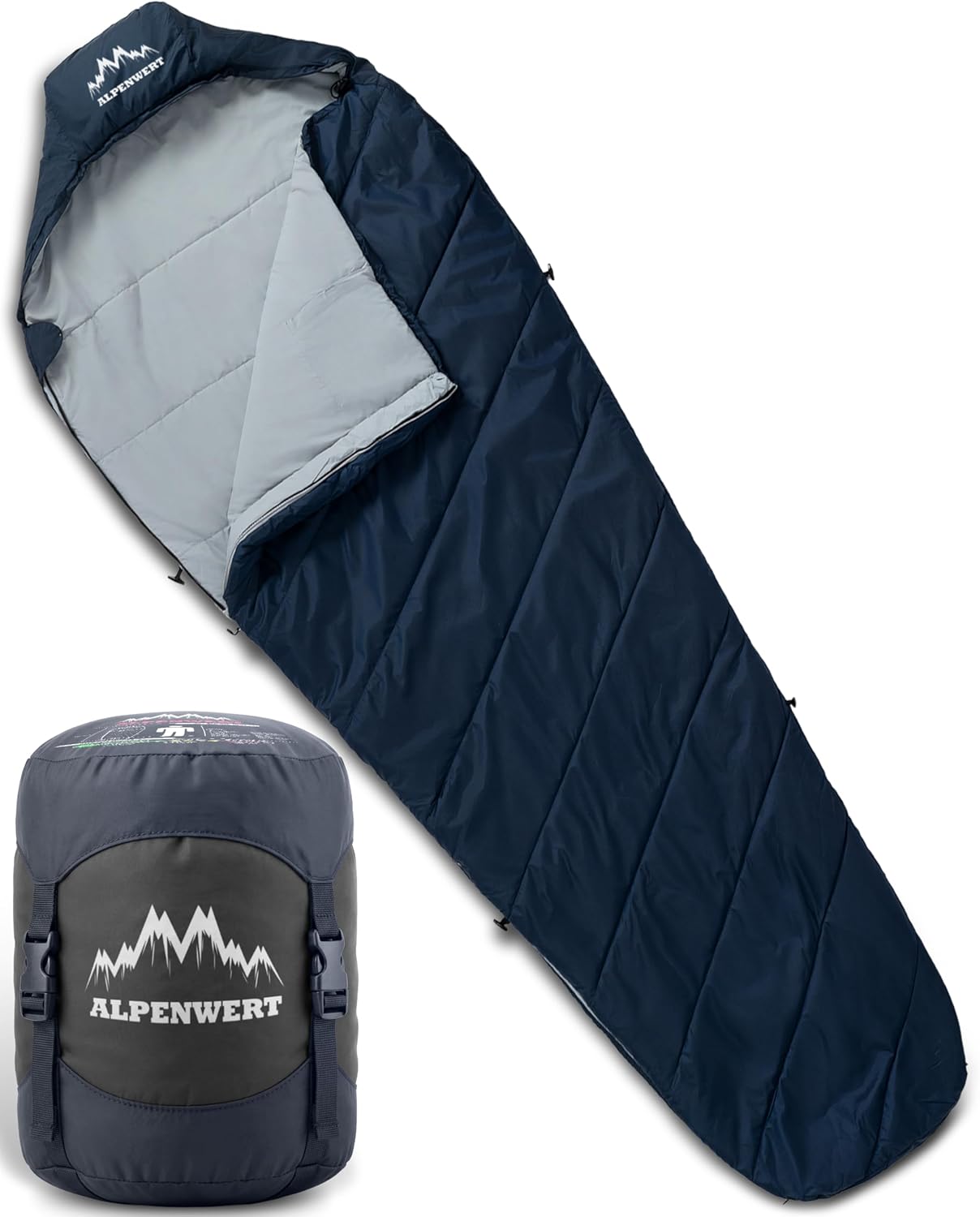 ALPENWERT® Schlafsack Sommer Ultraleicht & Klein (15 x 27 cm Packmaß) – Wasserabweisend, YKK-Reißverschluss, Kältebrücke & Einklemmschutz – Perfekt für Camping & Festival