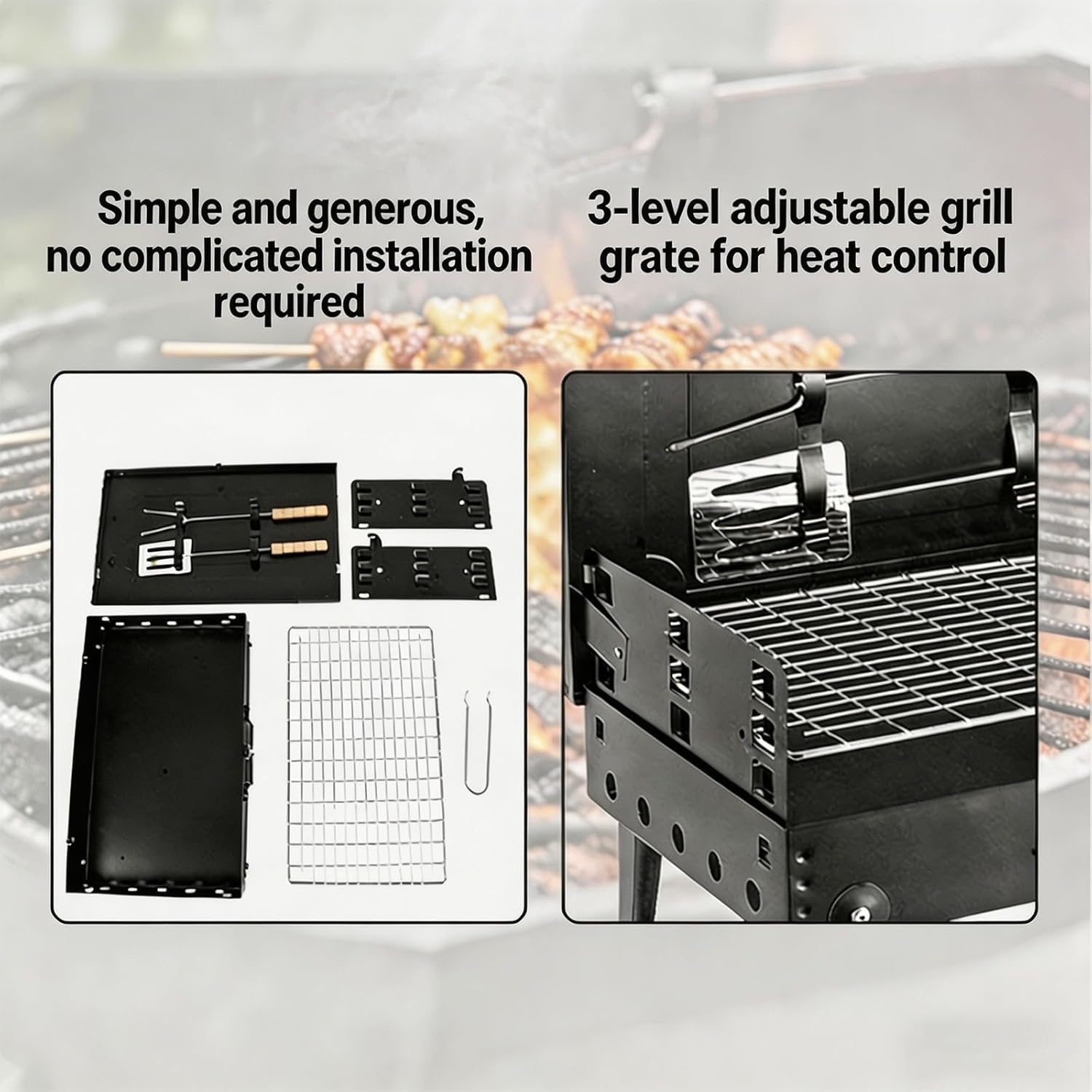Holzkohlegrill mit Deckel und Kamin, tragbarer Outdoor-Campinggrill-Smoker mit doppelter Luftzufuhr, 2 Holzkohleschalen und Holzgriff für Garten, Terrasse und Picknick – Bild 2