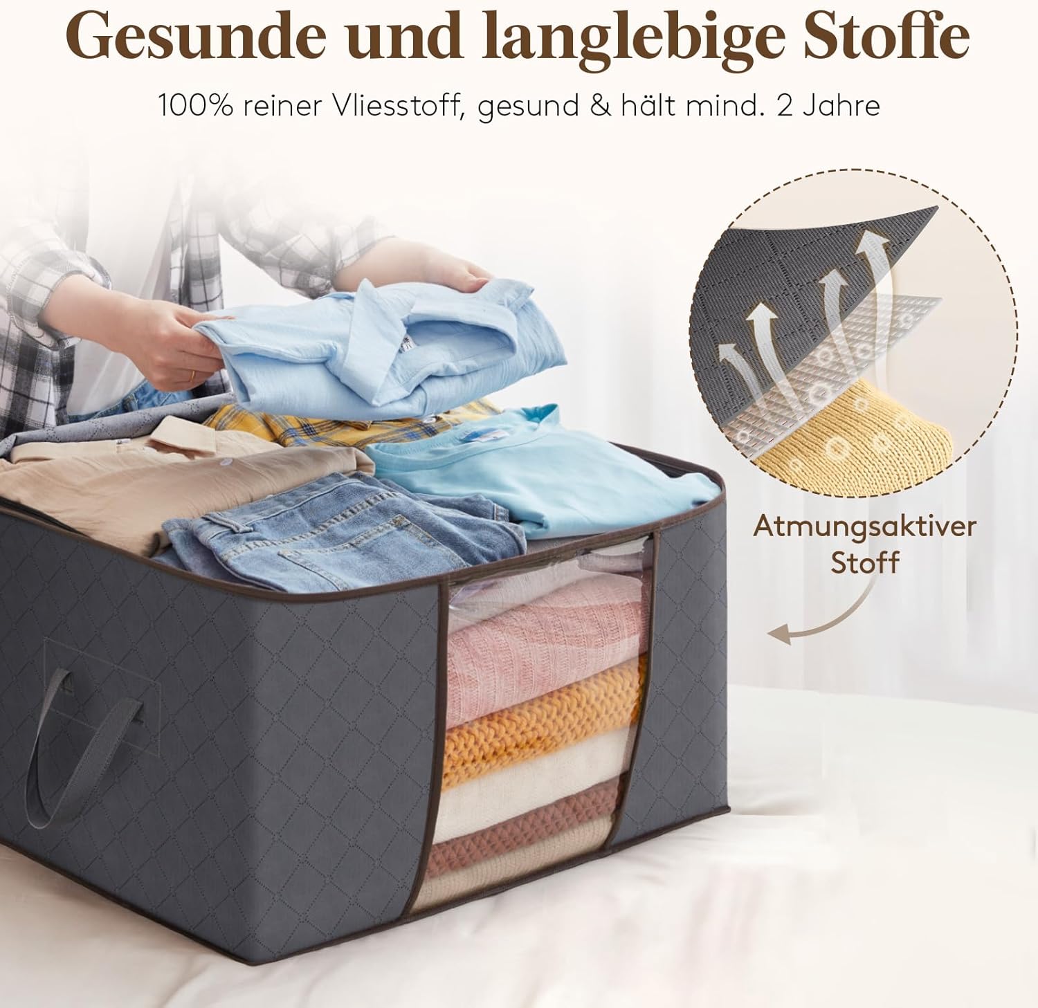 Lifewit 4 Stück Aufbewahrungstaschen, Aufbewahrungsboxen mit Deckel, Kleiderschrank-Organizer, faltbare Kleideraufbewahrung, Umzugskartons mit verstärktem Griff für Bettdecken, Kleidung, Decken, Grau, 60 l – Bild 4