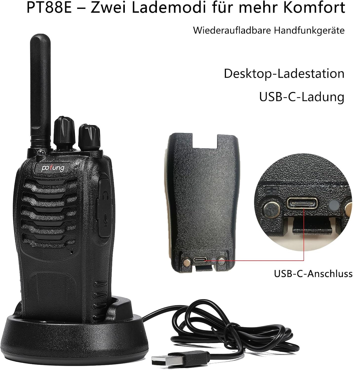 Walkie Talkie PMR446 lizenzfreies Zwei-Wege-Radio, pofung PT88E 16 Kanäle, professionelle wiederaufladbare USB-Ladestation mit großer Reichweite und Ohrhörer, Schwarz, 4 Stück – Bild 3