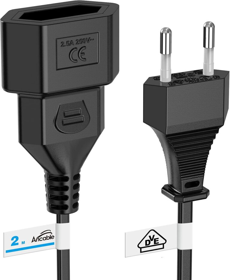 Stromkabel Verlängerungskabel, Ancable 2m Verlängerungskabel flach, VDE-zertifiziert, Eurostecker Typ C auf Eurosteckdose, Verlängerungskabel Netzkabel für TV, Monitor, Haushaltsgeräte, Schwarz