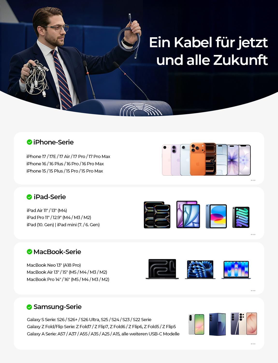 LISEN 240 W USB-C auf USB-C Kabel, 2 m, 2 Stück, iPhone 17 Pro, Samsung Schnellladekabel, PD3.1 Ladekabel USB-C, Galaxy S25/S24, iPhone 16/15 Pro Max, Xiaomi, MacBook Pro/Air, iPad, Dunkelblau | Für MacBook/iPad/iPhone/Samsung, integrierter E-Marker-Chip + 48-faches Geflecht, abwärtskompatibel mit allen USB-C-Geräten – Bild 5
