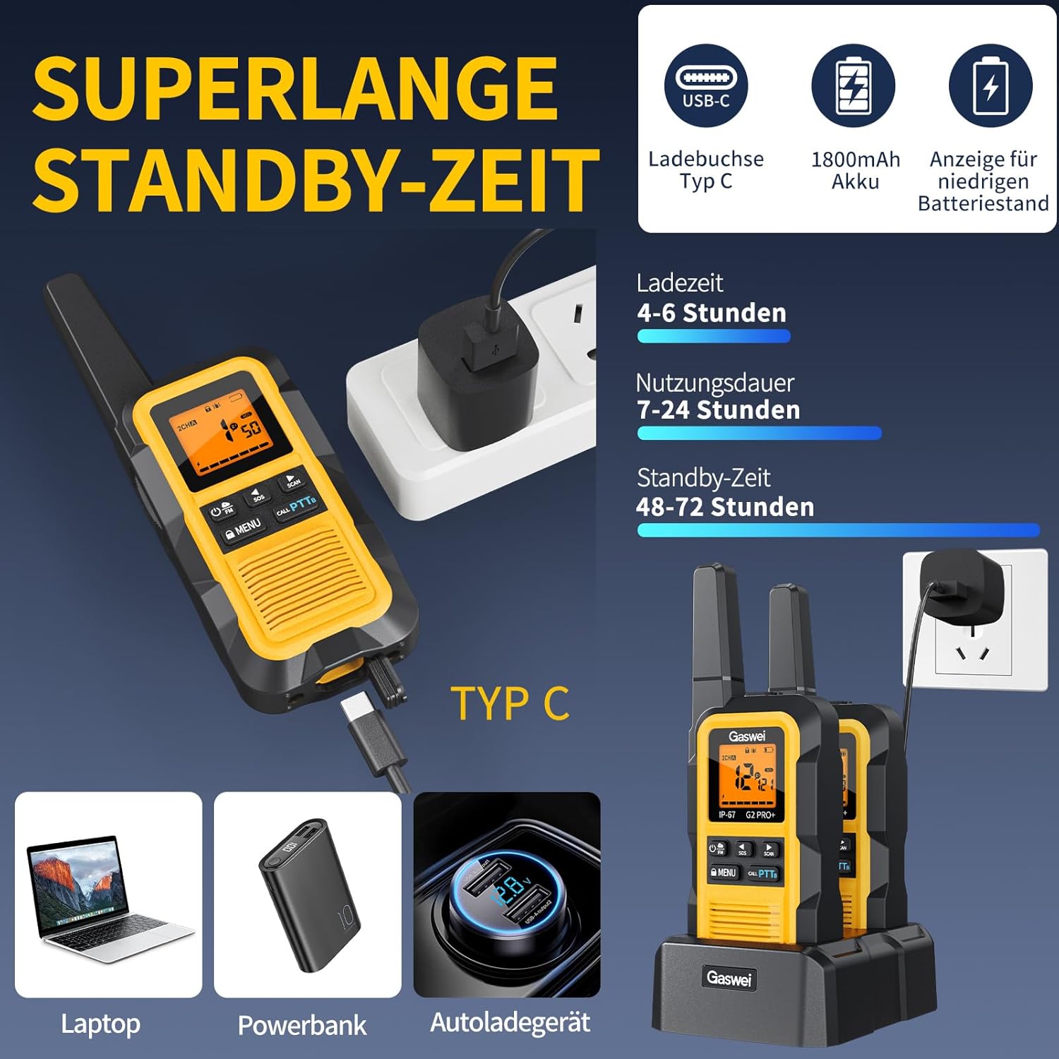Gaswei G2Pro Professionelle Walkie-Talkies für Erwachsene, IP67, wasserdicht und schwimmfähig, Langstreckenradio mit Doppel-PTT, VOX, SOS, UKW-Radio + Akku für den Außenbereich, 1er-Set in Gelb – Bild 6