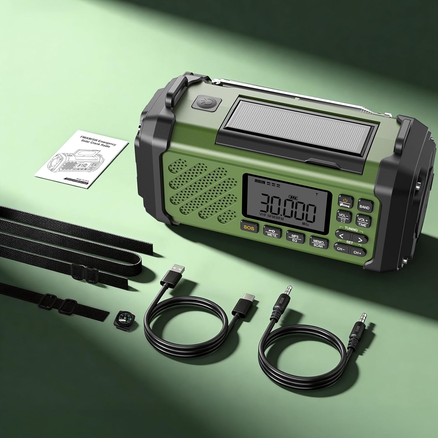 Vikeri Kurbelradio 12000 mAh, Notfallradio mit Kurbel und Solar mit AM/FM/SW, LED-Campinglicht, SOS-Alarm, Kompass, USB-C-Handyladung, tragbares Radio mit Tragegurt für den Notfall (Grün). – Bild 7