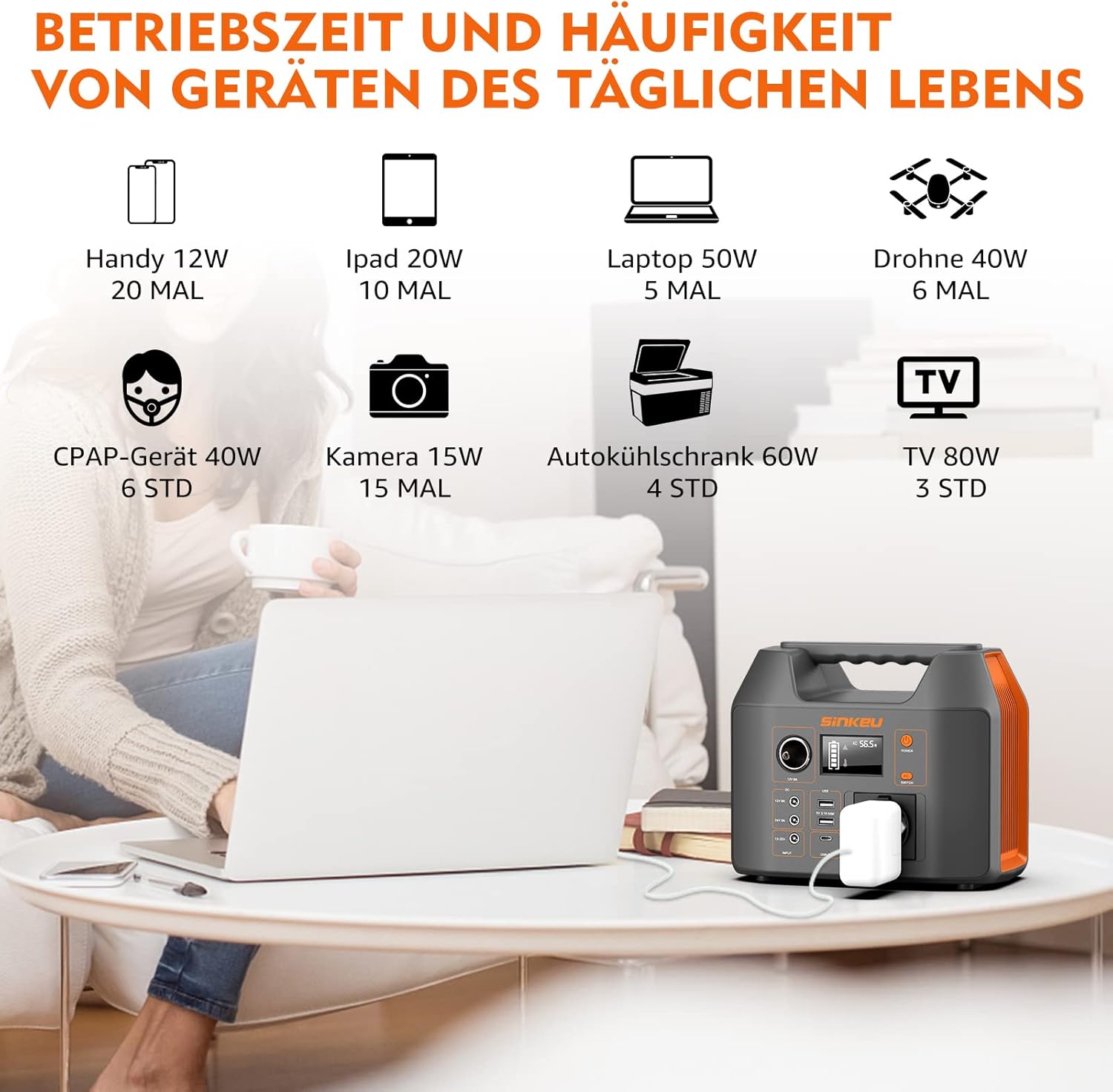 SinKeu Tragbares Kraftwerk 296 WH, Notfall-Solargenerator mit 230 V 300 W reiner Sinuswelle AC-Buchse, 12 V DC, USB, Typ C, LED-Licht, Stromspeicher, für Camping, unterwegs, Stromausfälle – Bild 2