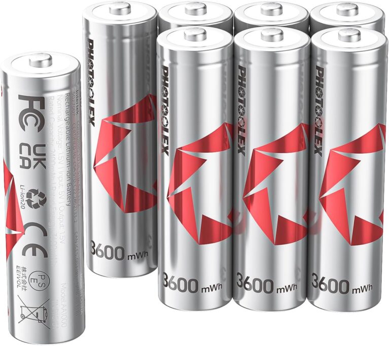PHOTOOLEX 1,5 V wiederaufladbare AA-Lithium-Batterien (8 Stück), 3600 mWh Lithium-Ionen, wiederaufladbare AA-Batterie mit hoher Kapazität, 1600 + Zyklen, langlebig, wiederaufladbar, Doppel-A-Batterie (kein Ladegerät).