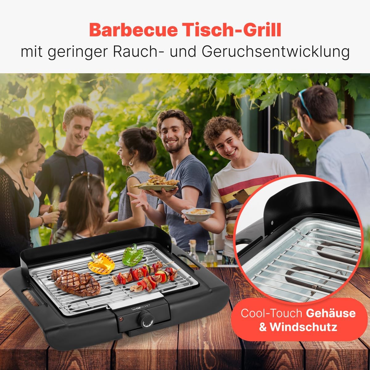 Clatronic BQ 3841 Barbecue Tischgrill, Elektrogrill ideal für Balkon und Küche, Elektrogrill mit Windschutz, Grill mit verchromtem Grillrost, Tischgrill mit Cool-Touch-Gehäuse – Bild 2