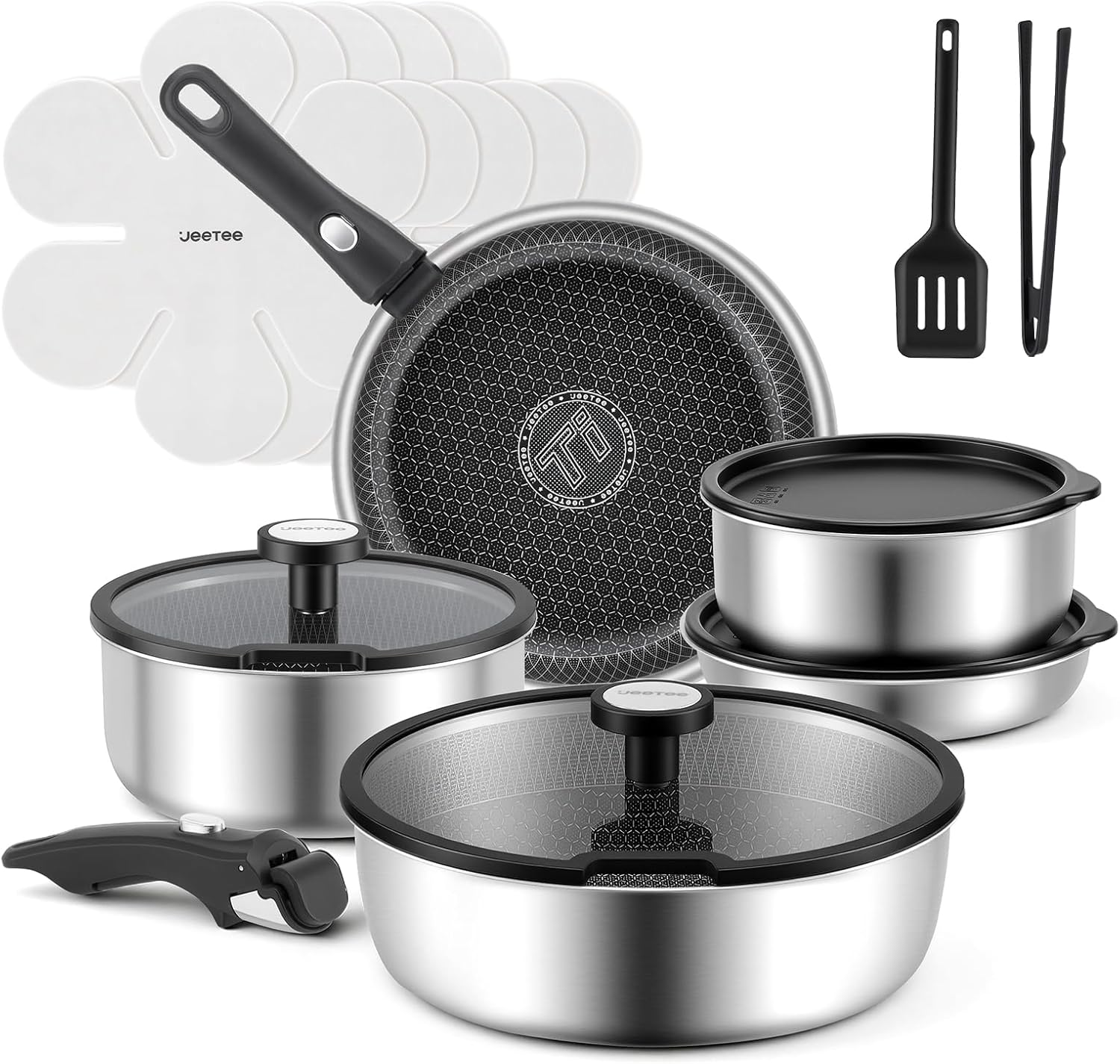 JEETEE Dreilagiges Edelstahl-Topf-Set, 18-teilig, Kochtopf-Set, antihaftbeschichtet mit abnehmbarem Griff, Hybrid-Töpfe-Set mit Abdeckung aus gehärtetem Glas, für Wohnmobile und Induktion, Spülmaschinen- und Ofensicherheit