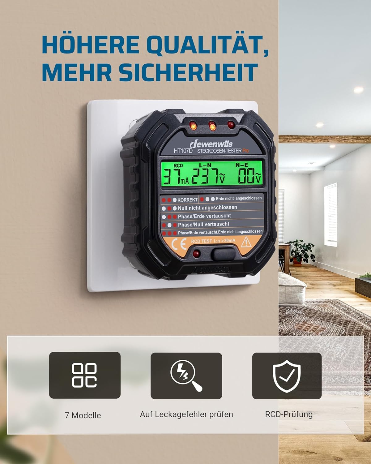 DEWENWILS Steckdosentester mit RCD-Test und LCD-Spannungsanzeige, 6 Arten von Fehlerdiagnose, Leckspannungs- und Stromanzeige, FI-Test, 48–250 V/45–65 Hz, CAT II 300 V – Bild 2