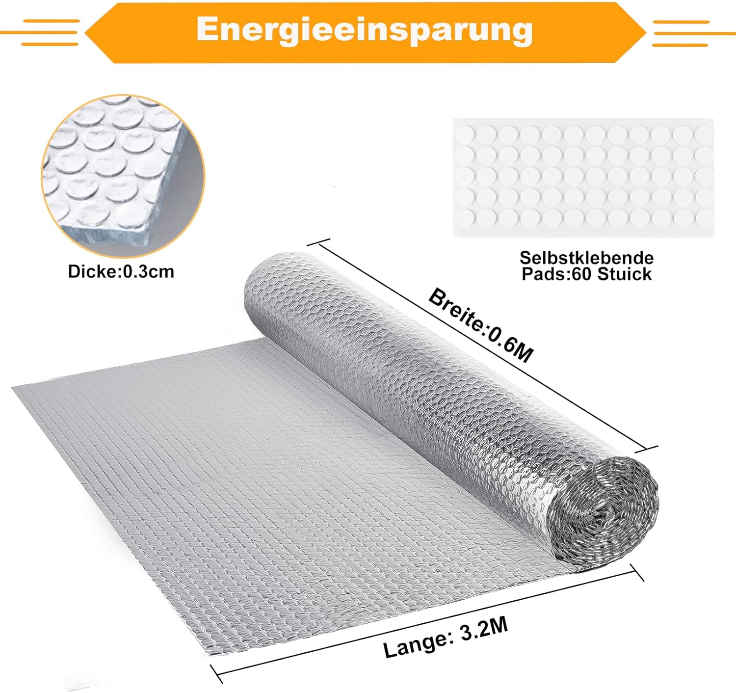 3,2 mx 60 cm Heizkörper-Reflexfolie Heizung, 3 mm dicke Isolierfolie, doppelseitige Aluminium-Luftpolsterfolie, Thermofolie mit Klebepads für Fahrzeuge, Dächer, Fenster, Rohre usw – Bild 2