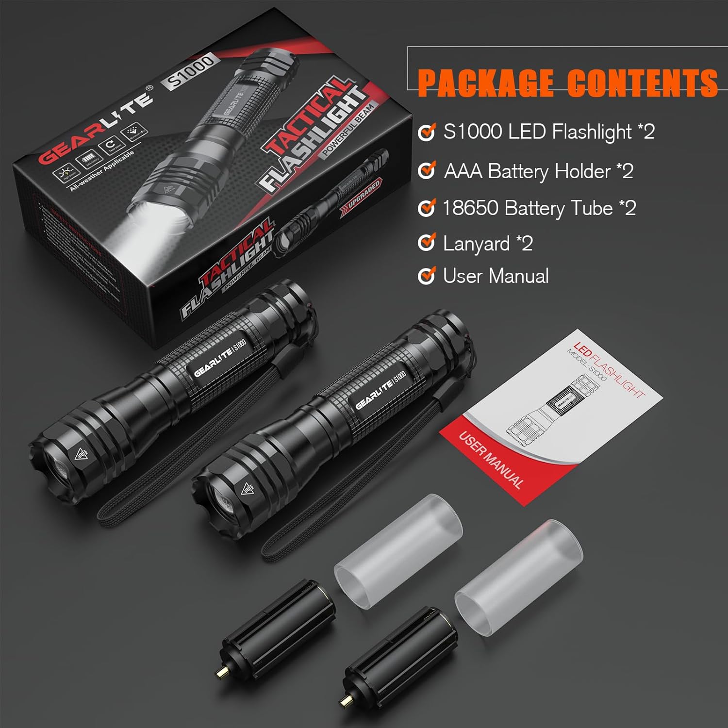 GEARLITE LED-Taschenlampe, extrem hell, 2 Stück, Aluminium, 4000 Lumen, LED-Taschenlampe, batteriebetrieben mit 5 Modi, IP65 wasserdichte Handlampe, zoombar, für Camping, Wandern, Outdoor, Notfall, Geschenk – Bild 5