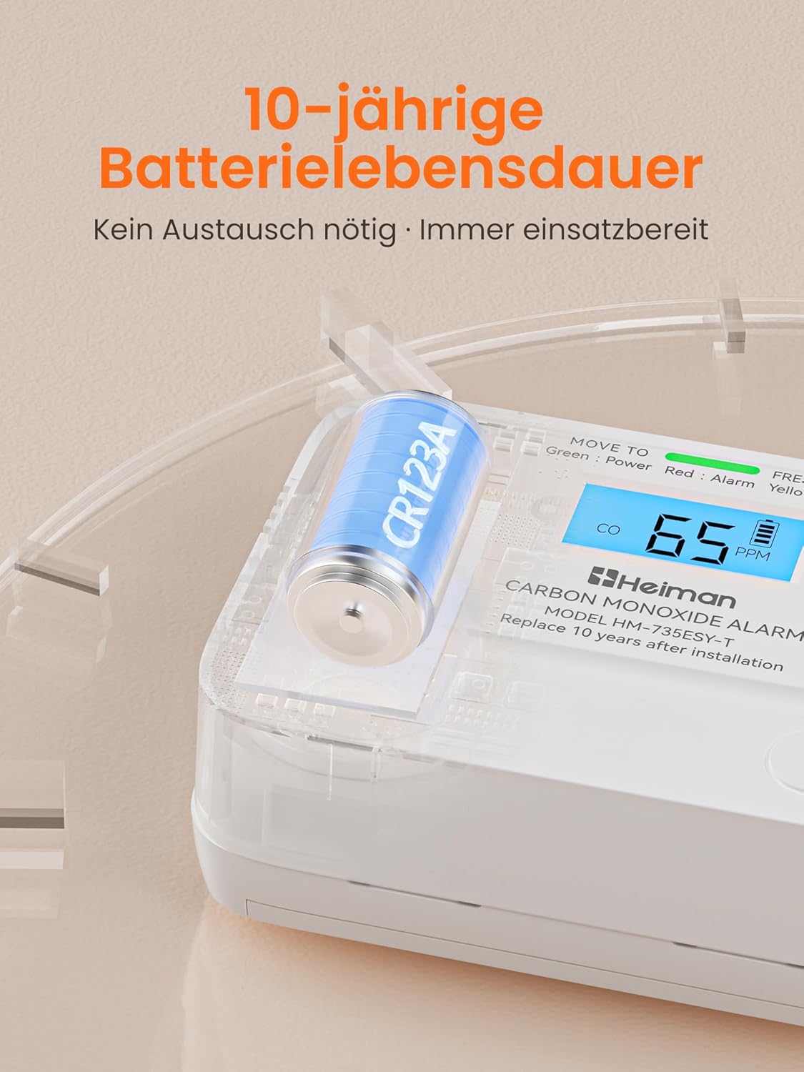 Heiman Kohlenmonoxidmelder, 10 Jahre Batterielebensdauer, CO-Melder für Zuhause mit digitalem LCD-Display, CO-Alarm, BSI-geprüft, EN 50291-Standard – Bild 4