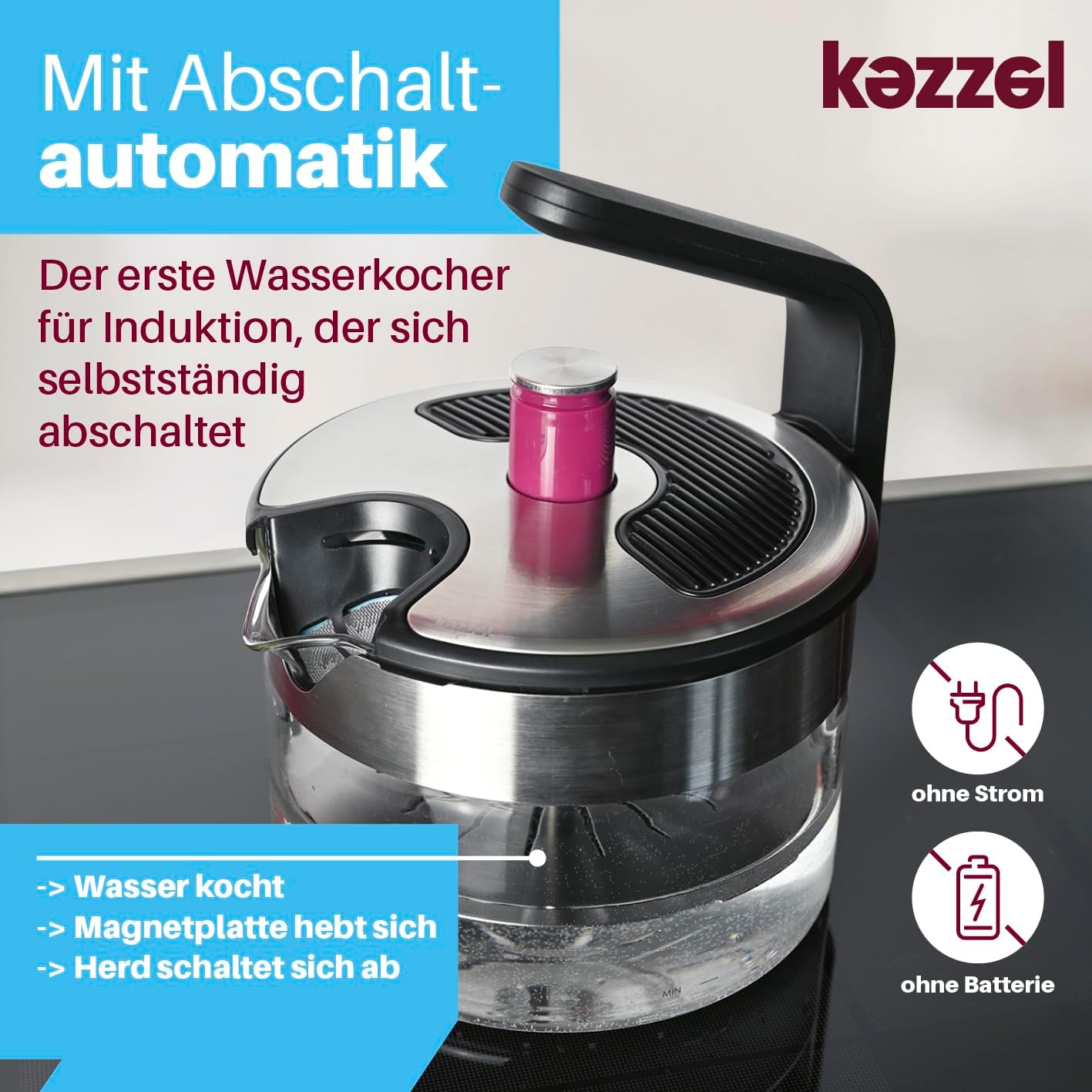 Kezzel® Innovativer Wasserkocher für Induktionsherde 1,5 Liter | Automatische Abschaltfunktion, kein Überkochen | Minimalistisches Design, Edelstahl und Glas, leicht zu reinigen, spülmaschinenfest – Bild 4