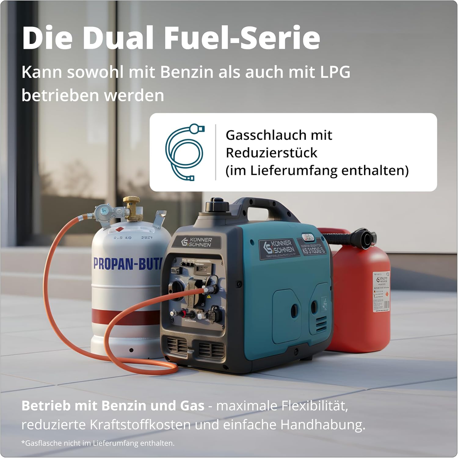 Könner & Söhnen KS 3100iG S LPG/Benzin Inverter Generator 3100 W, Notstromaggregat, Schuko-Steckdose 230 V, 2 USB-Anschlüsse, Inverter Stromerzeuger, Eco-Modus, Kupferwicklungen, Stromerzeuger Euro V – Bild 9